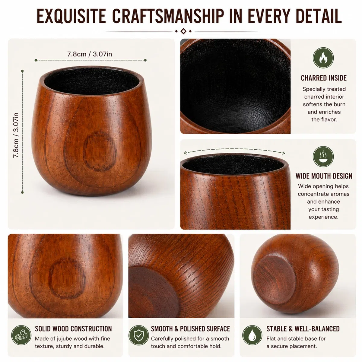 Bicchieri per Whisky in Legno, Confezione da 2 Bicchieri Old Fashioned con Interno Carbonizzato per Ammorbidire il Gusto, Calici per Bourbon e Rum, Design Ampio per Esaltare l’Aroma
