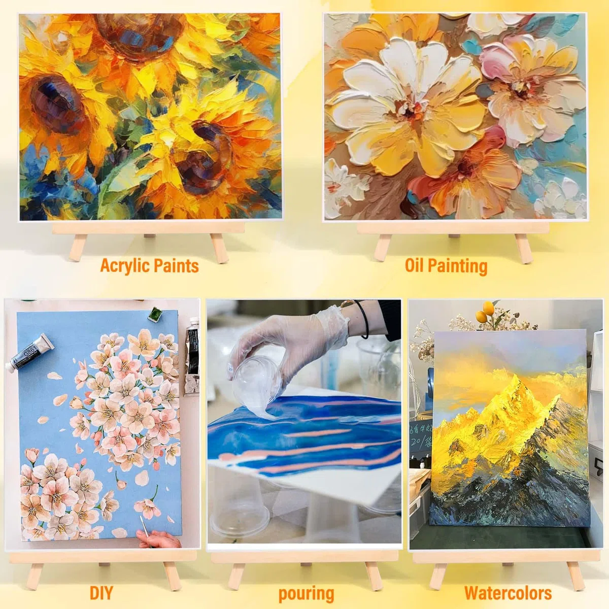 Tavole di tela con cavalletto per pittura, confezione da 6, 20 x 25 cm, pannelli in tela con cavalletti in pino, kit per principianti per acrilico, olio, acquerello, artigianato, sorseggiare e
