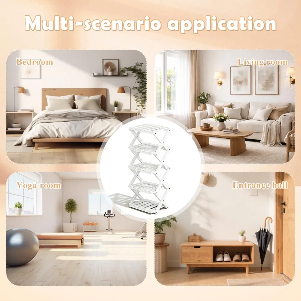 Scarpiera pieghevole in bambù, scarpiera verticale salvaspazio piccola, multifunzione, sottile, per ingresso, camera da letto, soggiorno, angolo (bianco, 5 livelli)