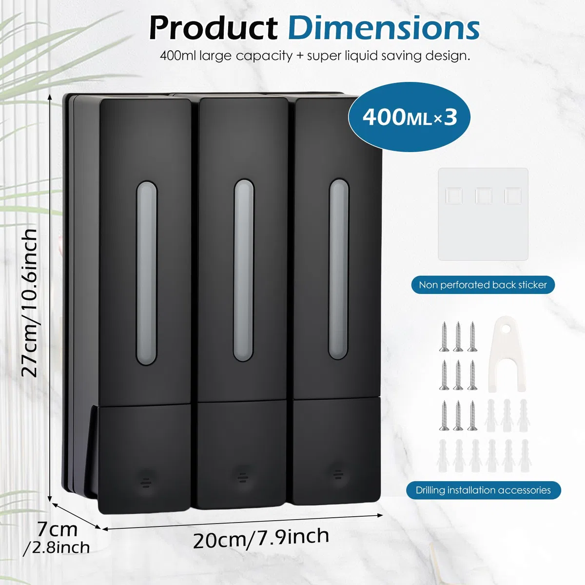 Dispenser Doccia Muro, Dosatore Sapone Bagno a Parete 400ML, Dispenser Shampoo e Bagnoschiuma Adesivo, Senza Foratura per Gel Doccia Cucine Bagni, Nero (3 Camere)