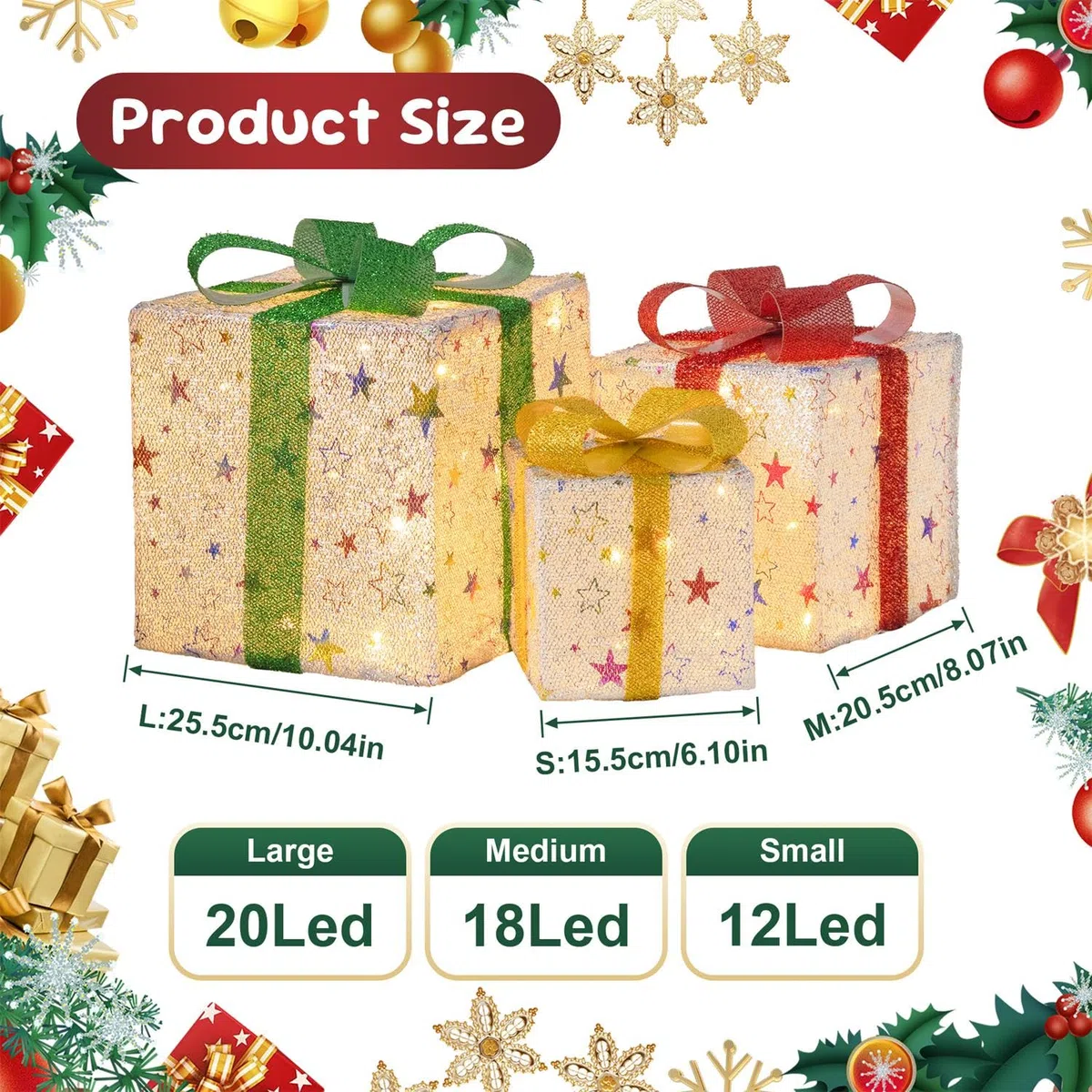 Lypumso Set di 3 Pacchi Regalo Luminosi Natale, 50Leds Scatole Regalo di Natale Stella 8 modalità con Telecomando e Timer, Batteria, LED Scatole Natalizie Luminose per Decorazioni Natalizie, Albero