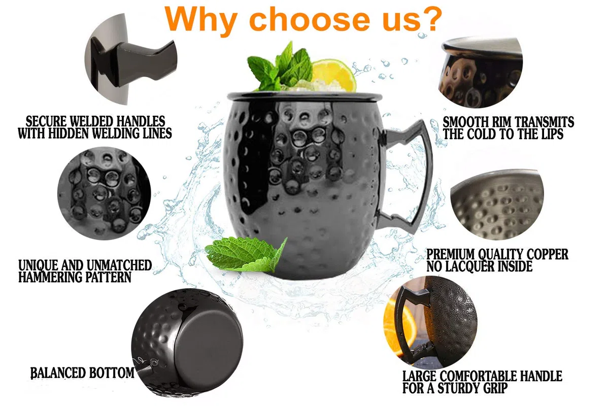 SuproBarware Moscow Mule - Set di 4 tazze con doppio jigger, in acciaio inox placcato nero, 18oz, perfetto per bevande fredde 4 pezzi, colore nero.