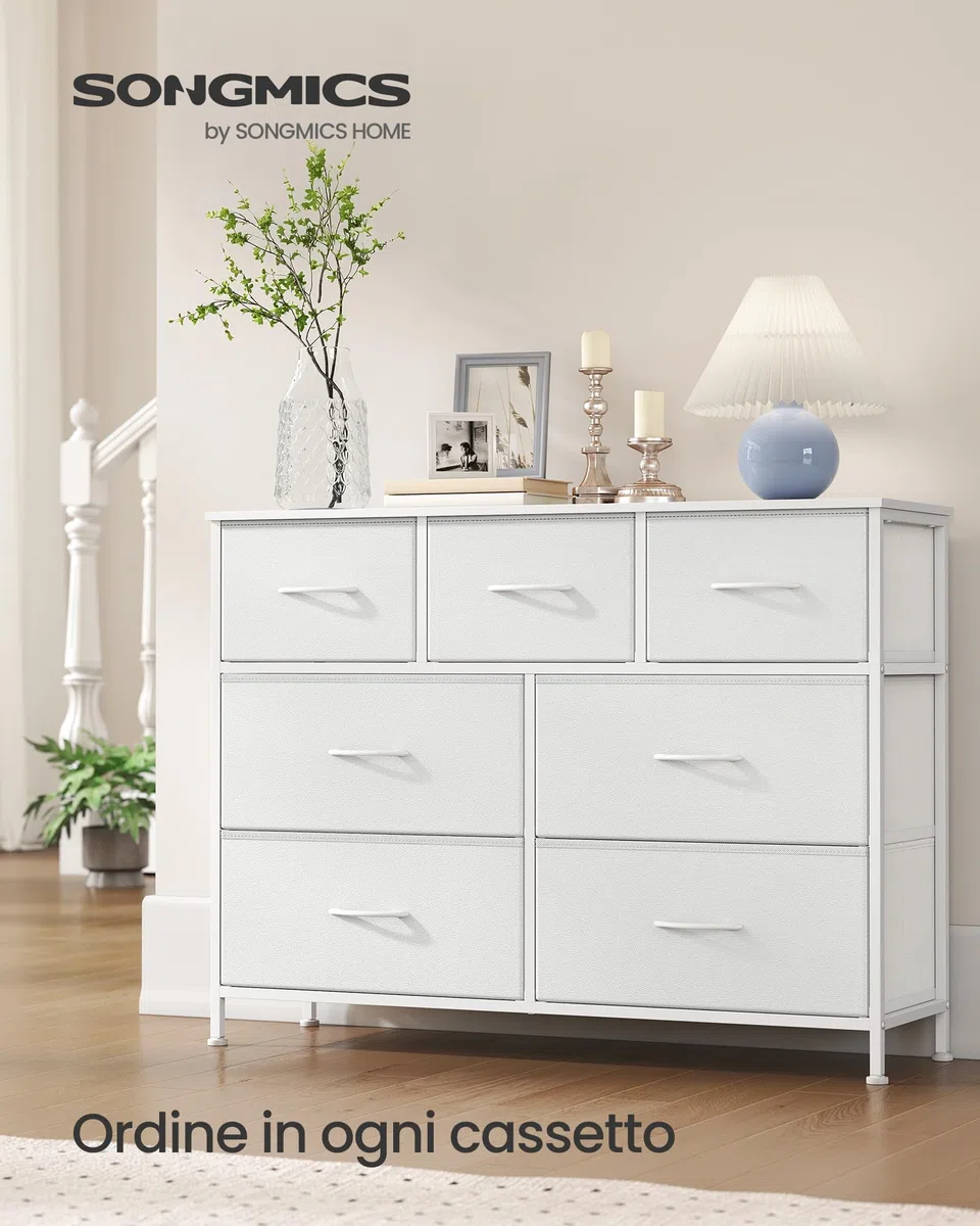 SONGMICS BELLAH Collezione - Cassettiera Camera da Letto, Mobile con Cassetti, Acciaio, Cabina Armadio Ingresso Soggiorno, 7 Cassetti, Moderno, Bianco Nuvola e Bianco Neve LGS323WH01