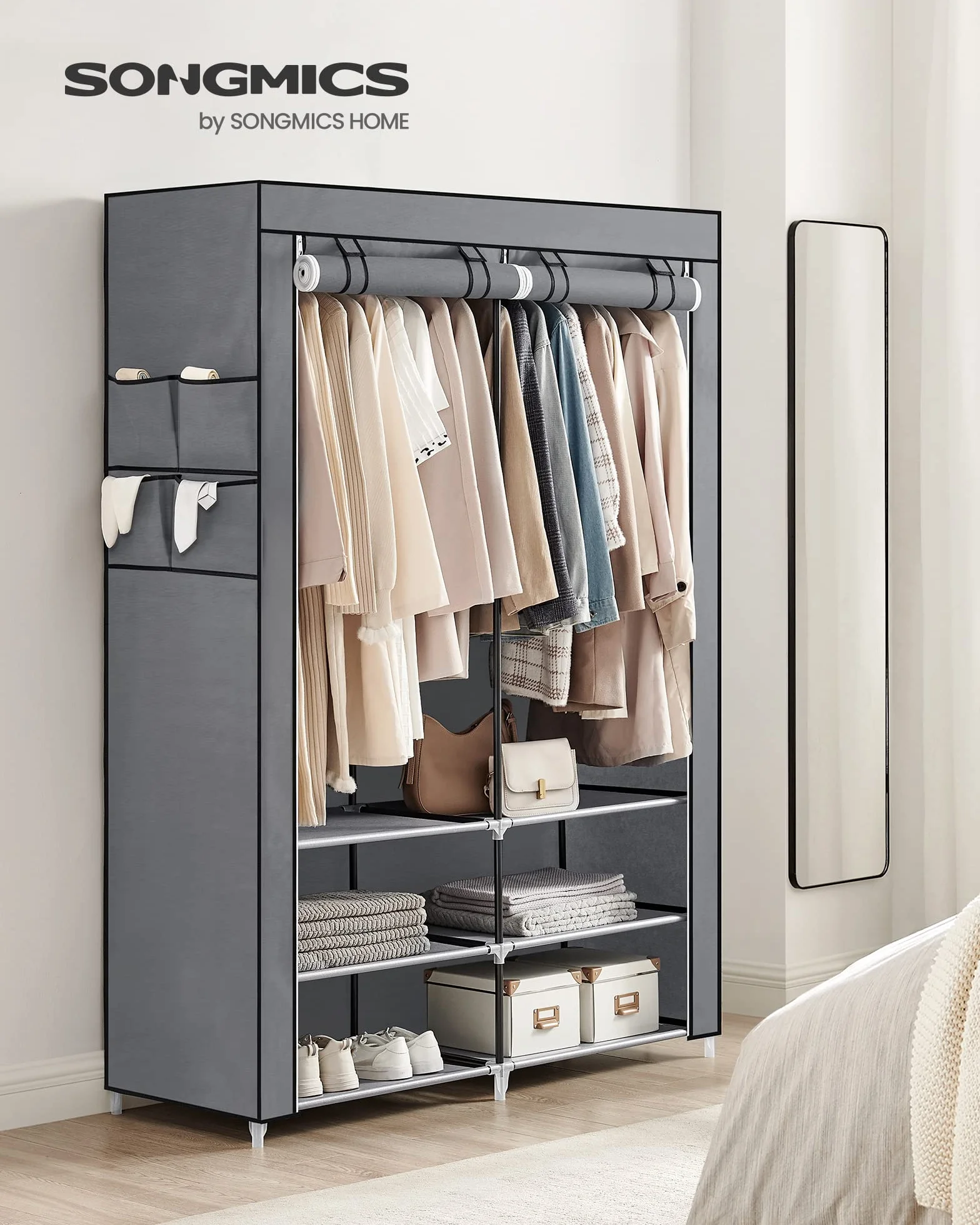 SONGMICS Armadio in Tessuto, Armadio Portatile, 45 x 127 x 176 cm, 2 Barre Appendiabiti, Ripiani, e 4 Tasche Laterali, Grande Capacitàper Camera da Letto, Soggiorno, Grigio RYG008G02