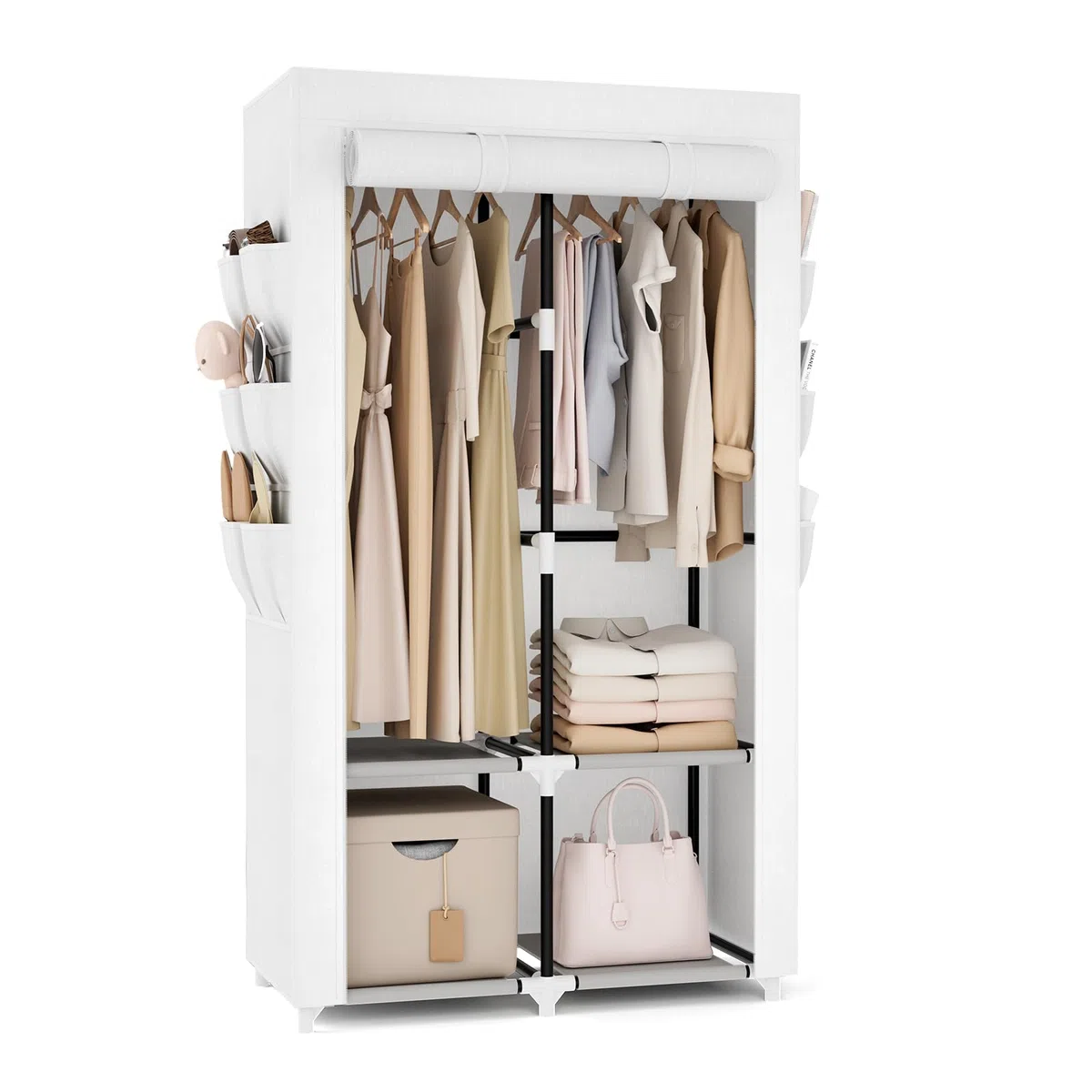 Vicye Armadio a Risparmio di Spazio, Armadio in Tessuto con 2 Barre Appendiabiti, 4 Ripiani e 6 Tasche Laterali, Armadio per Camera da Letto, Dormitorio o Spogliatoio, Bianco(90 x 45.5 x 172 cm)
