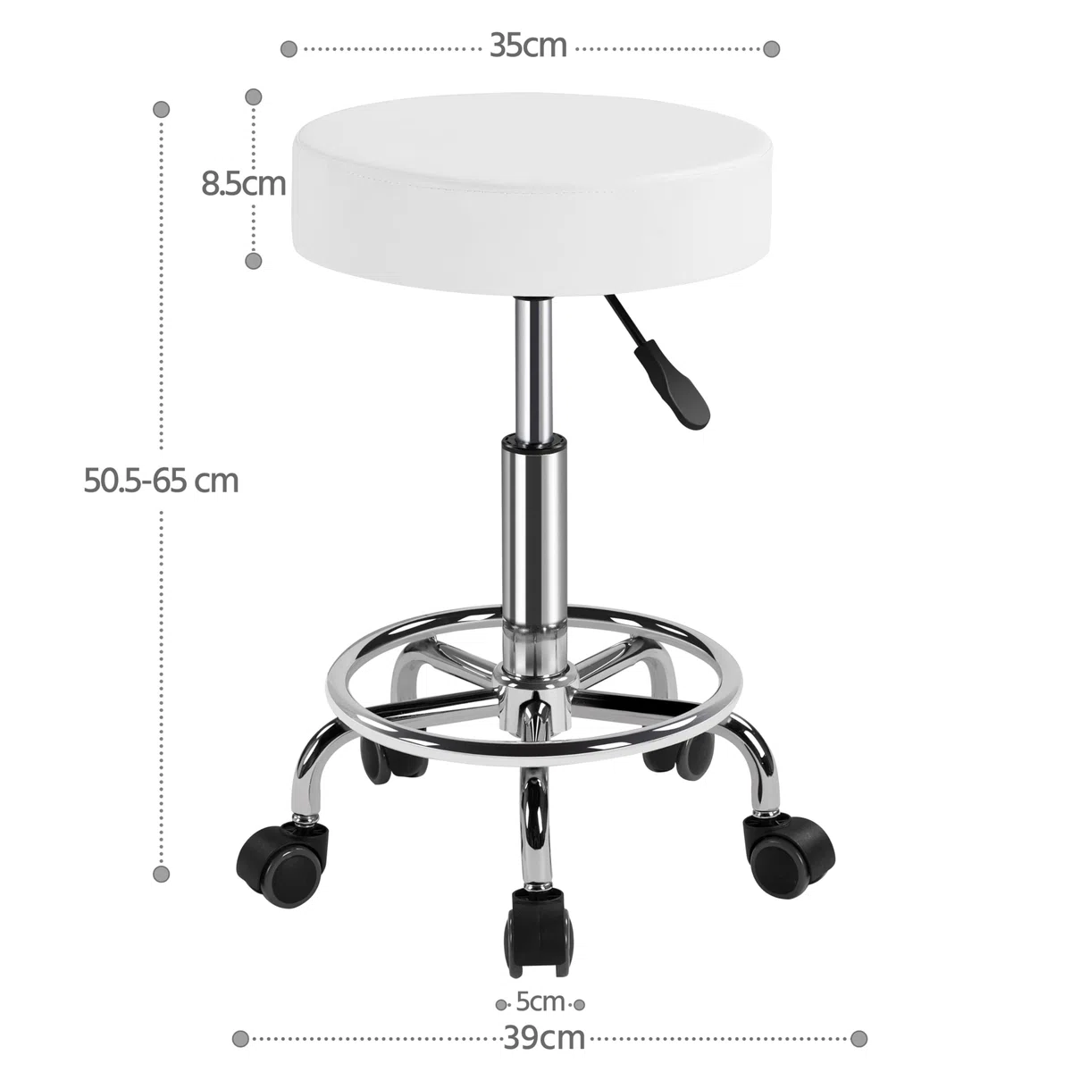 Yaheetech Sgabello con Ruote, Regolabile in Altezza, Sedia Rotondo Estetista con Rotelle Girevole, per Salone Toeletta Trucco Parrucchiere Poltrona Pedicure in Ecopelle, Bianco