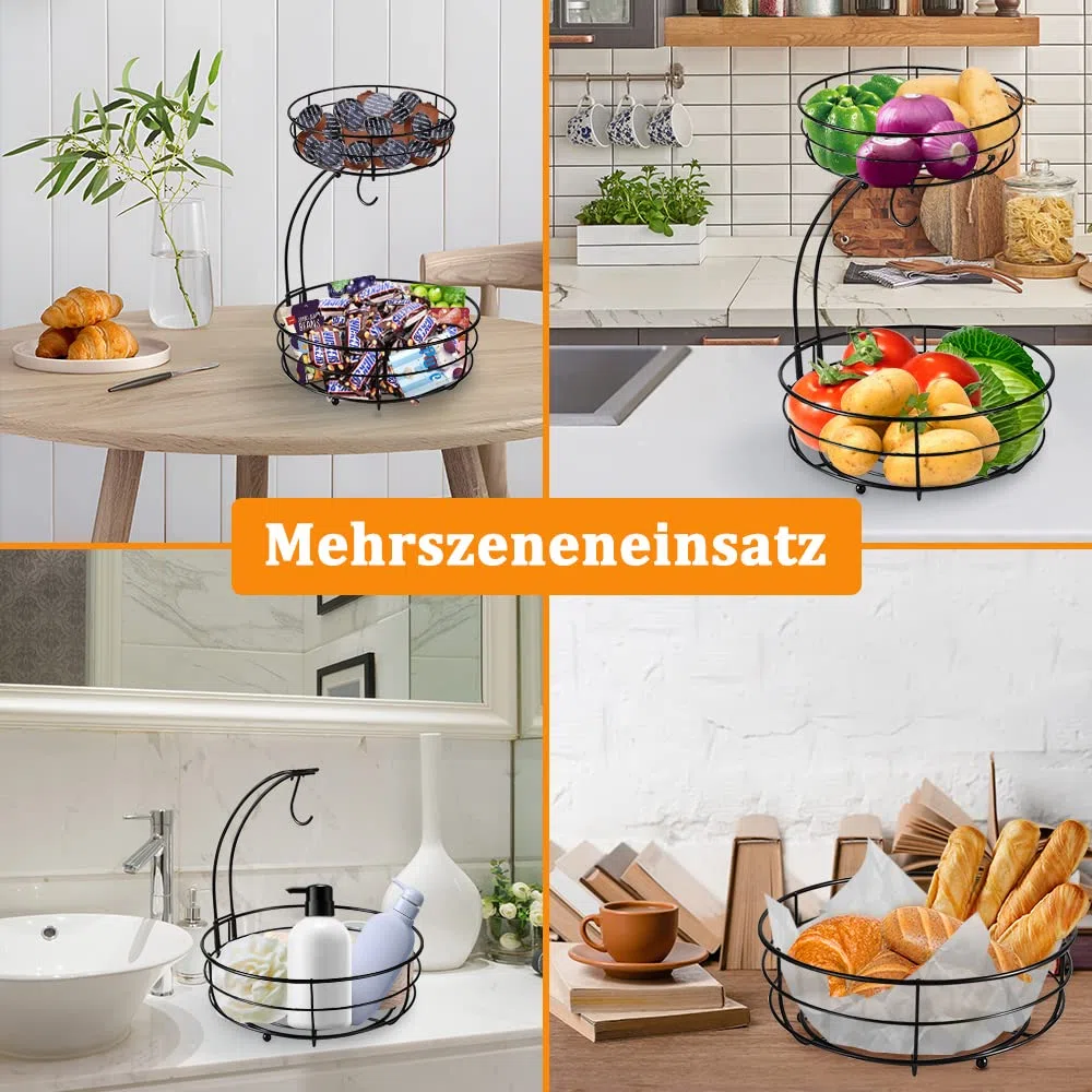 Cesto per frutta con porta banana – 2 ripiani in metallo – Cucina in piedi moderni ciotole per frutta – Cestino decorativo per frutta – Nero