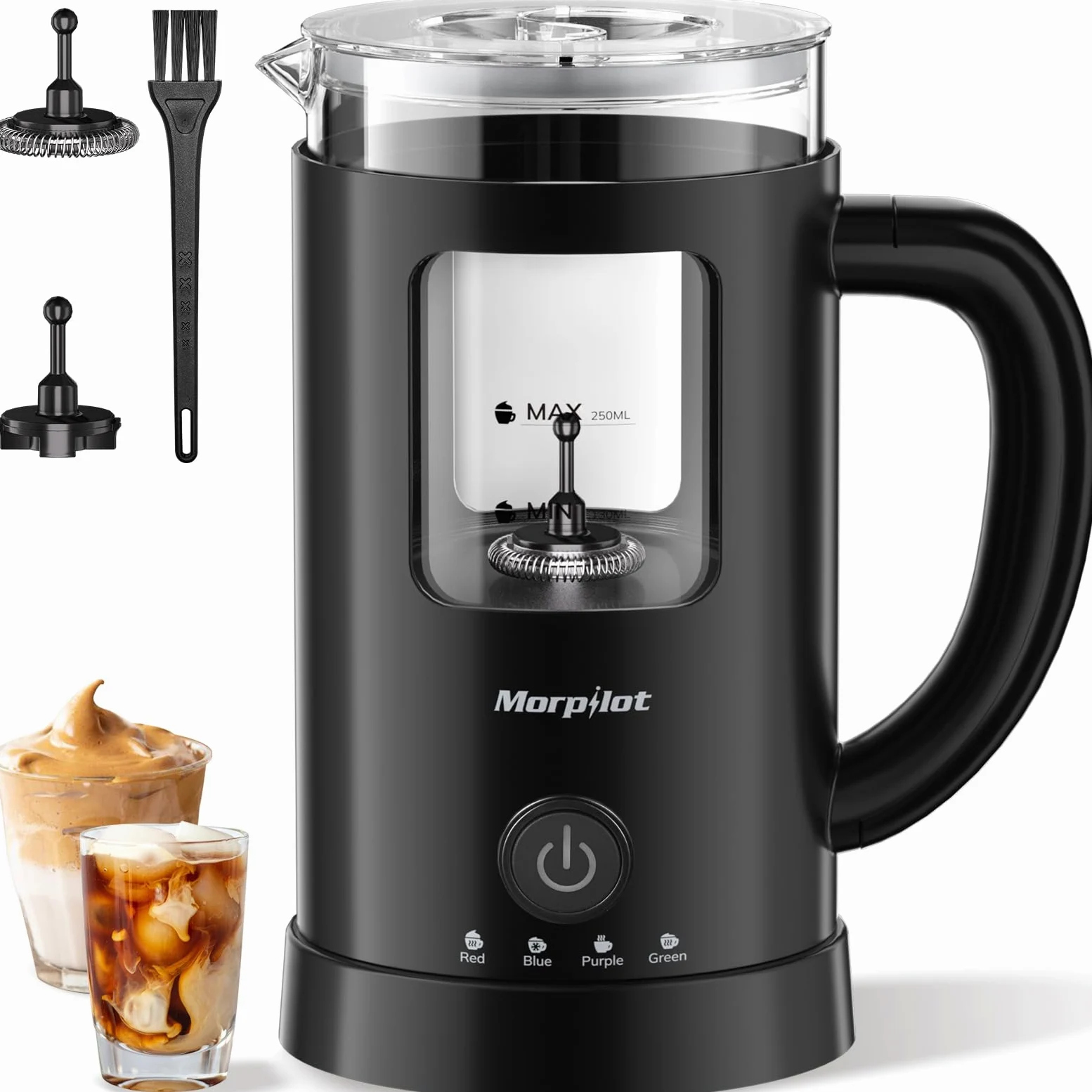 Morpilot Montalatte elettrico, 4 in 1, per acqua calda e fredda, 550 W, 600 ml, design latte, vetro visivo, facile da pulire, nero