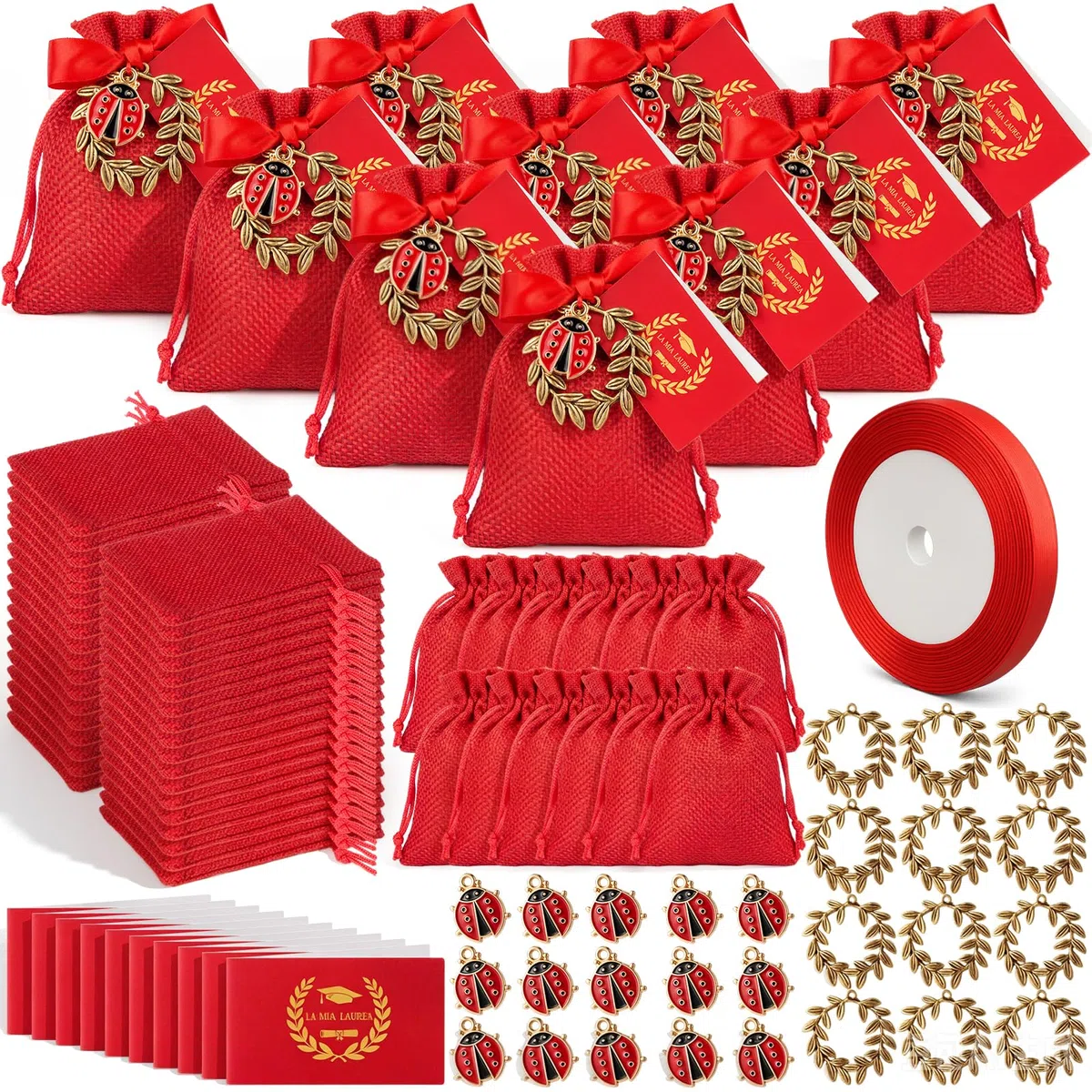BBTO 60 Sets Souvenir Bomboniere Laurea Include Rosso Sacchetti di Juta Ciondolo a Forma di Corona d'Alloro Ciondoli Coccinella Biglietti di Auguri e Nastro Rosso Regalo di Laurea per Festa