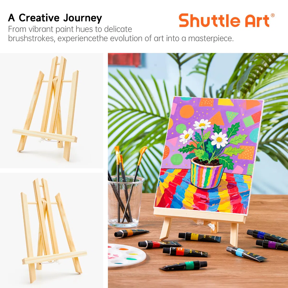 Shuttle Art Set di 58 Pezzi Colori Acrilici, Set per Pittura con 2 Confezioni da 15 Colori Acrilici, 2 Set di Cavalletti in Legno, Tela, Pennelli e Tavolozze, Set di Tela e Pittura per Adulti, Bambini