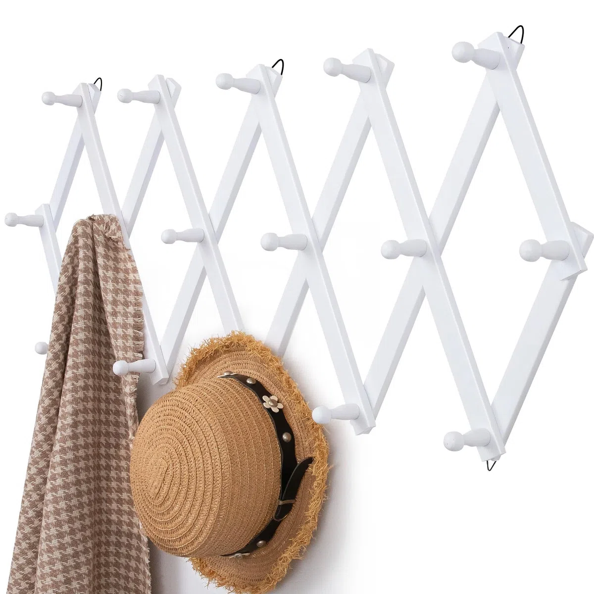 Qiannhee Appendiabiti da Parete Design Legno Attaccapanni da Muro Moderno con 16 Ganci de Parete Fisarmonica Bianco Appendiabiti Estensibile per Parete Ingresso Soggiorno Camera da Letto 80cm 100cm