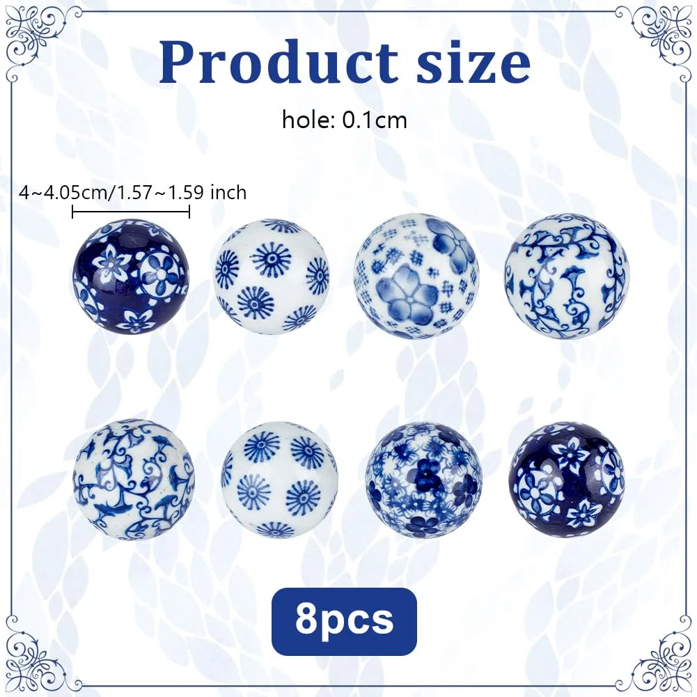 OLYCRAFT 8 pz Sfere di Porcellana Blu e Bianche Perline di Porcellana Fatte A Mano Sfera Decorativa in Porcellana da 4cm Foro da 1mm Sfere in Ceramica Galleggianti per Centrotavola Ciotole Vasi
