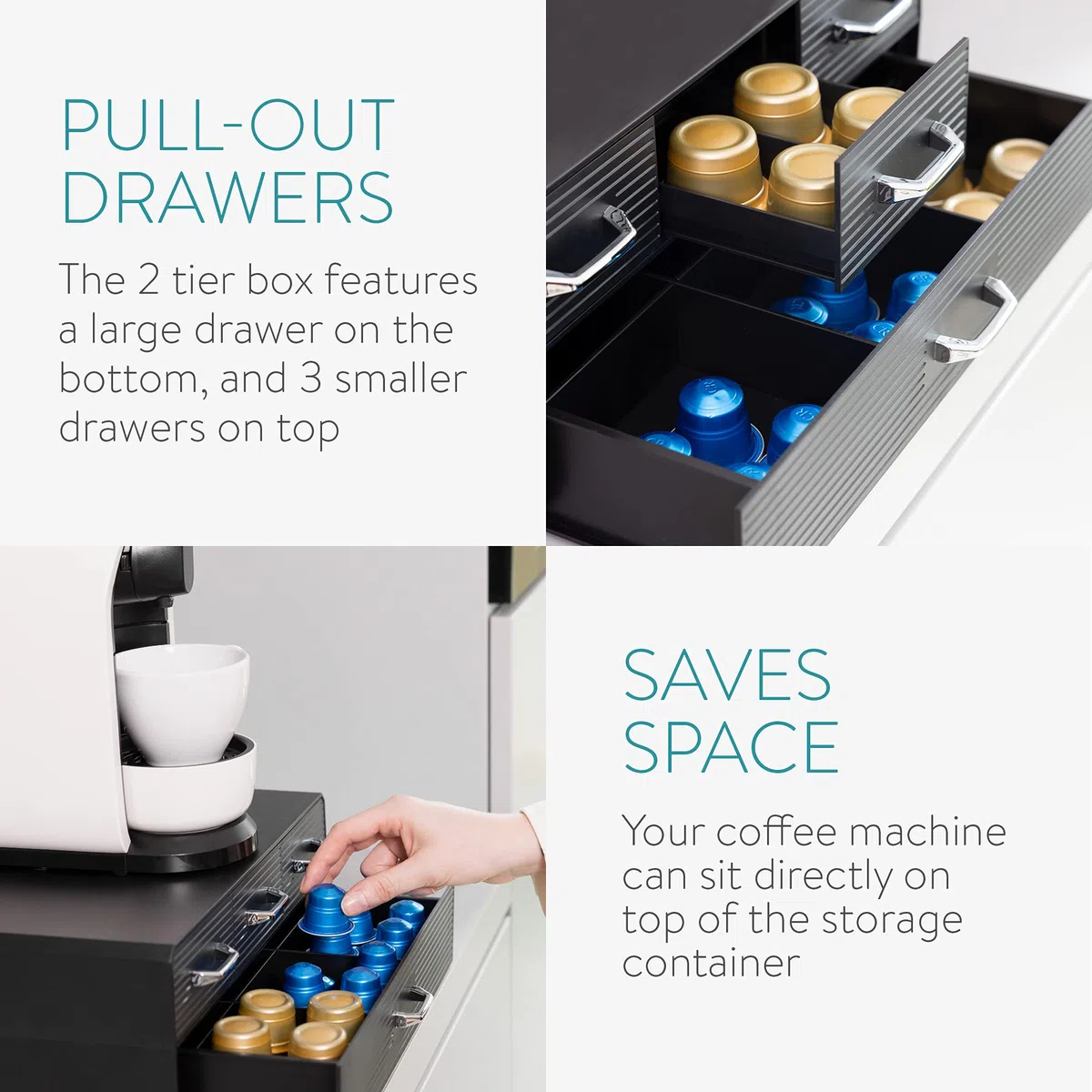 Navaris Cassetto Doppio Porta Cialde caffè - Contenitore per Capsule ESE e Accessori Zucchero Latte - Portacialde 4 Cassetti Macchina Espresso - Nero