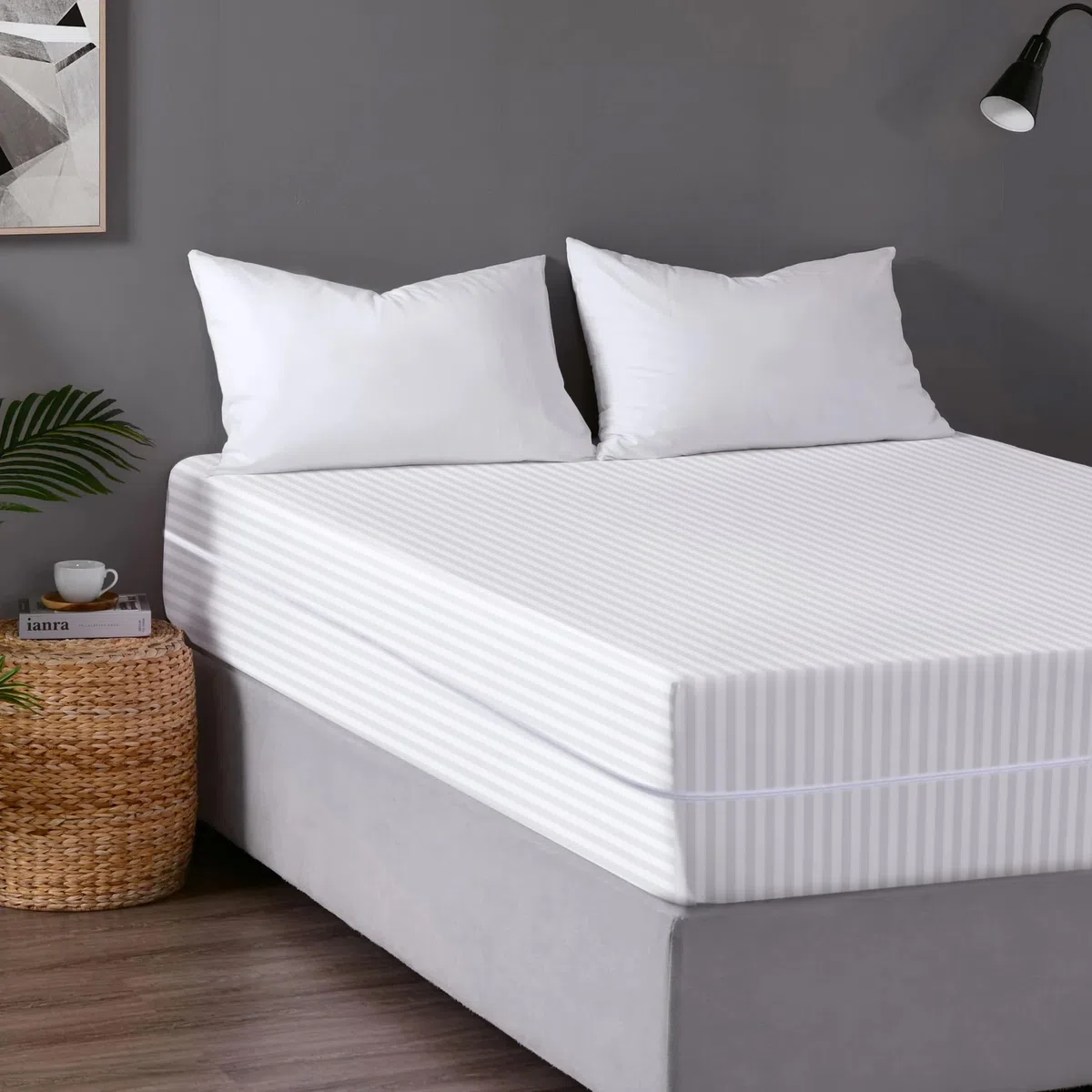 Coprimaterasso in raso con cerniera, doppio lato, chiusura con cerniera, copertura completa anti cimici, profondità 30 cm, con cerniera (bianco, super king size)