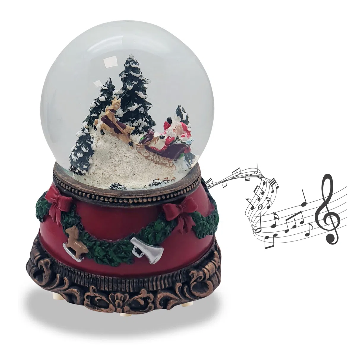 Palla di neve natalizia con carillon | Babbo Natale sul slitta | Base natalizia rossa con ghirlanda di abete | con musica | Palla di neve decorazione natalizia | L: 10 cm A: 14 cm | 20276