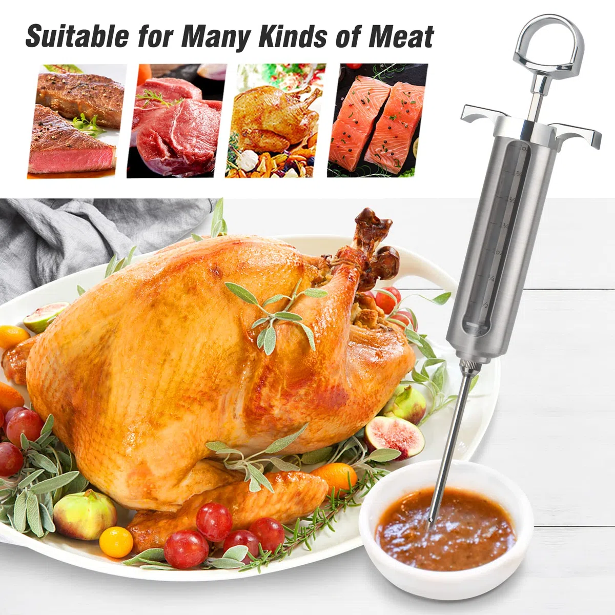 Ofargo Siringa per Carne, Siringa per Marinata con 3 Aghi per Carne in Acciaio Inossidabile, Siringa Alimentare e Marinata BBQ, Siringa Alimentare per Manzo, Pollo, Maiale, Tacchino; 60 ml/2 oz
