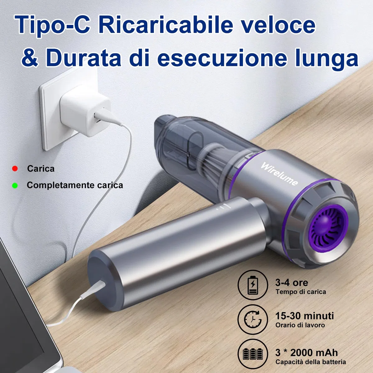 Aspirabriciole senza fili potente Aspirapolvere auto portatile 25000Pa forte aspirazione ciclonica soffiaggio motore brushless portatile ricaricabile leggero per peli di animali veicolo casa