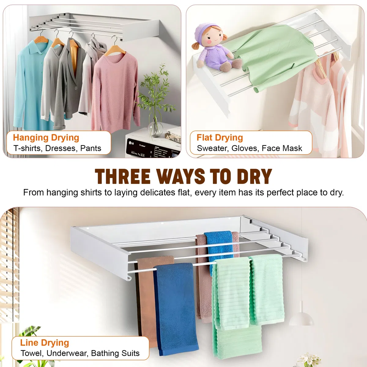 32” Wall Mounted Space Saving Laundry Drying Rack Balcony for Kitchen, Bathroom Use - Foldable Clothes Dryer Rack with 4 Steel Poles - Collapsible Laundry Organizer Indoor Outdoor Drying Line
