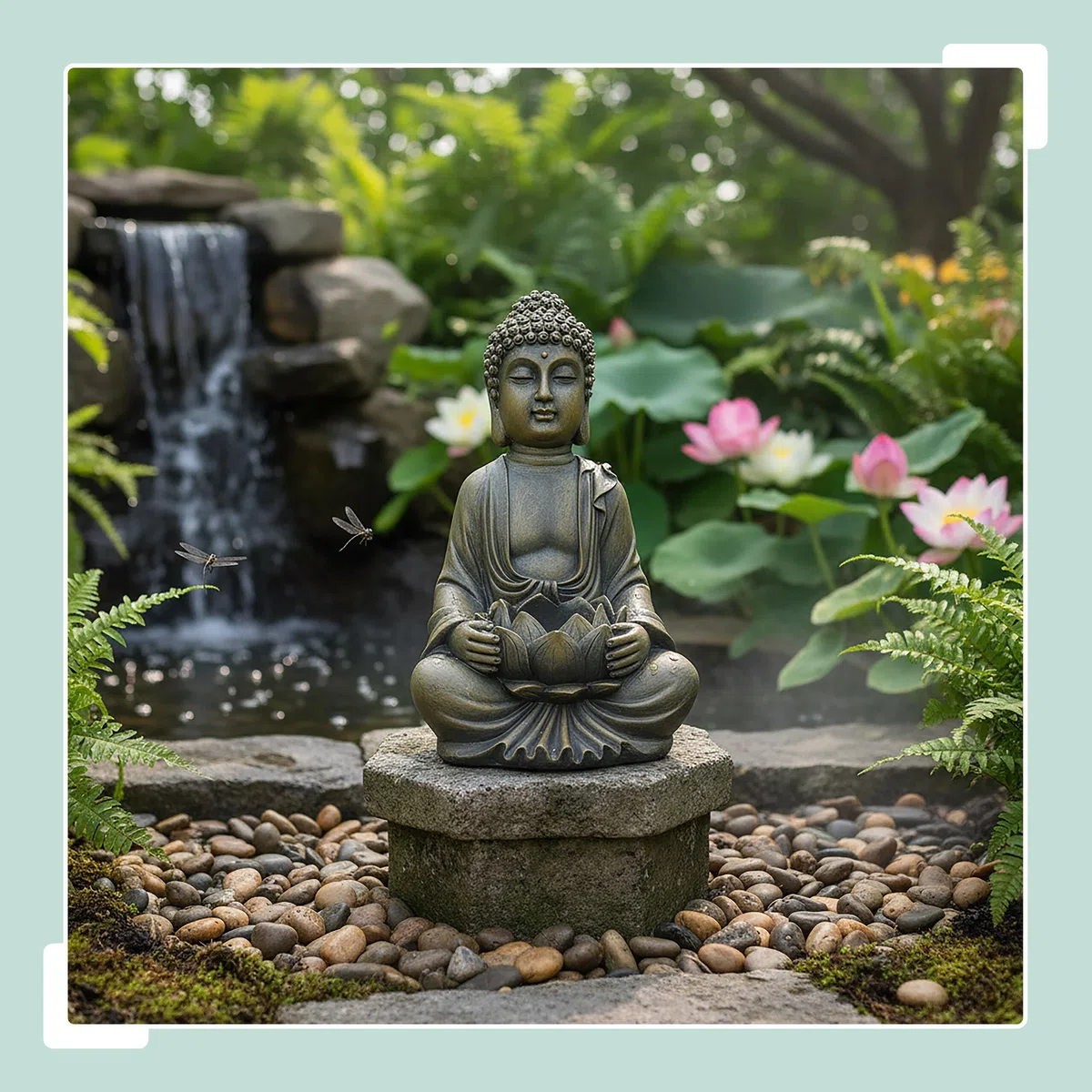 Relaxdays Statua Buddha Seduto 30 cm con Loto per Giardino e Soggiorno, Resistente alle intemperie, Bronzo