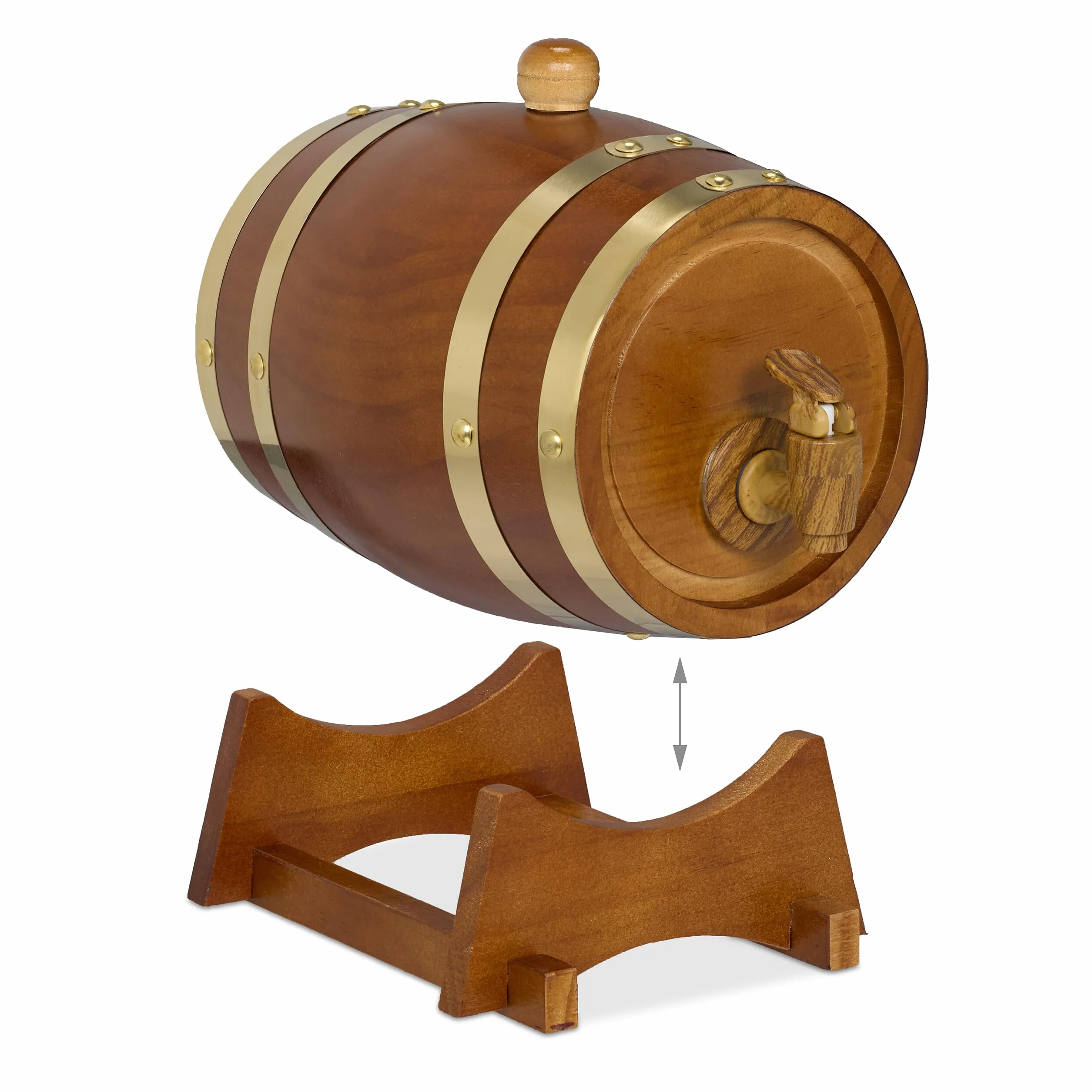 Relaxdays Botte per Liquori, Mini Barile in Legno da 1,2 L, con Rubinetto e Supporto, per Whisky, Vino, Marrone Scuro
