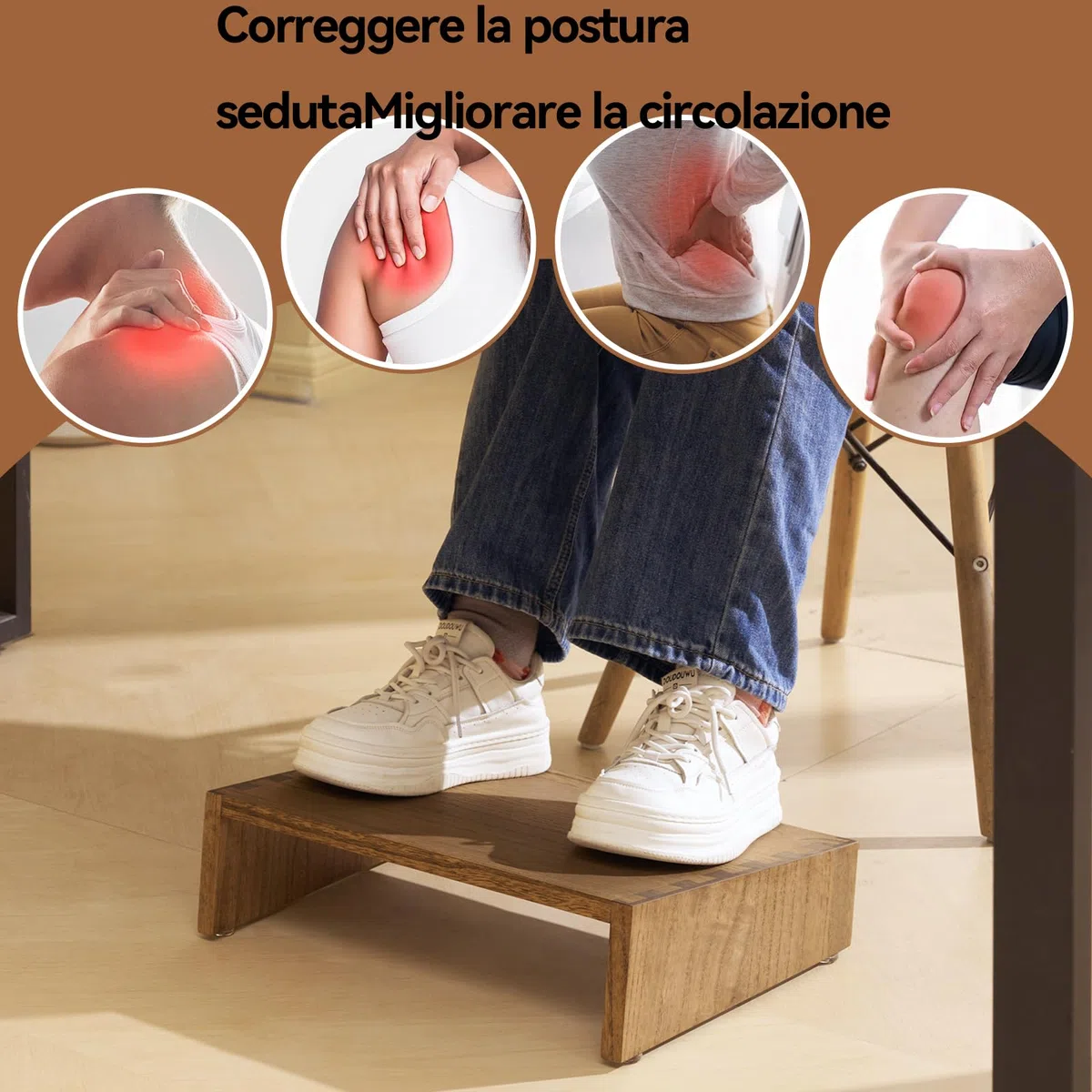 KIRIGEN Sgabello da tavolo in legno regolabile in altezza Supporto poggiapiedi ergonomico portatile per una migliore postura giallo-marrone