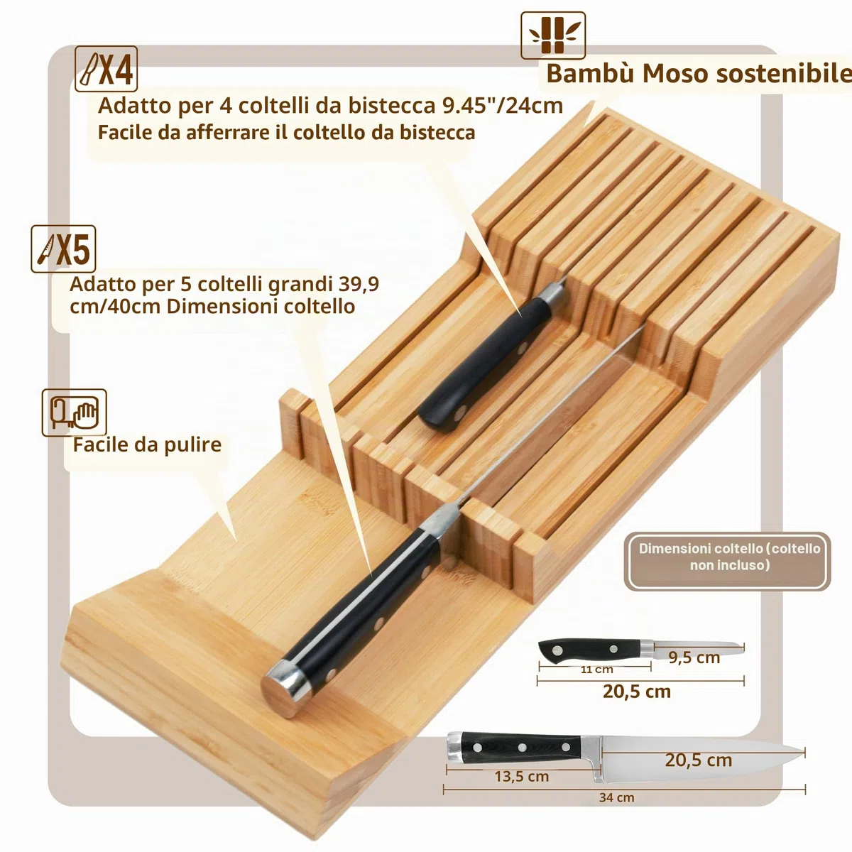 Utoplike Portacoltelli in bambù per cassetti e coltelli, per cucina, con manico grande, adatto per 9 coltelli (non inclusi)