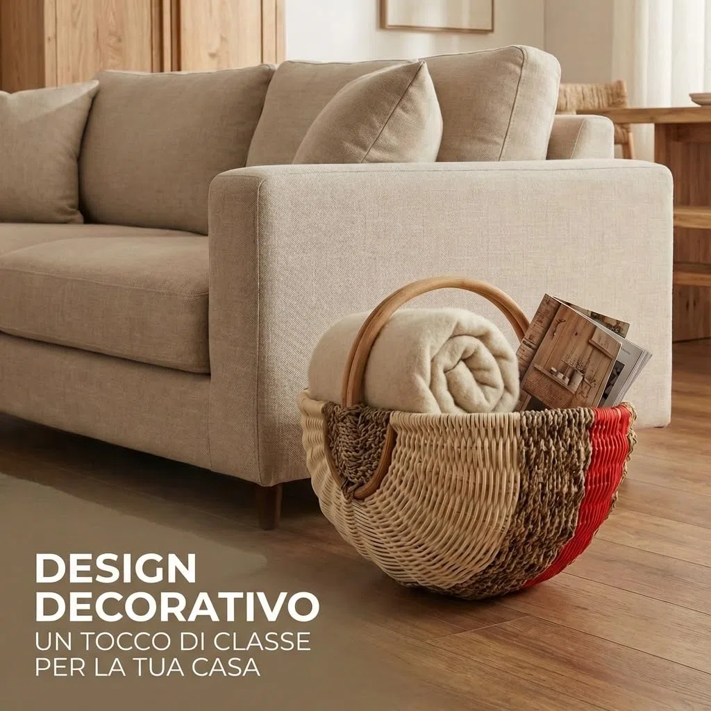 Grande Cesto per la Spesa in Rattan e Alghe – Cesto da Picnic Intrecciato a Mano con Manico – 48x33x24 cm – Robusto Cesto da Mercato e Auto – Design Vintage – Rosso