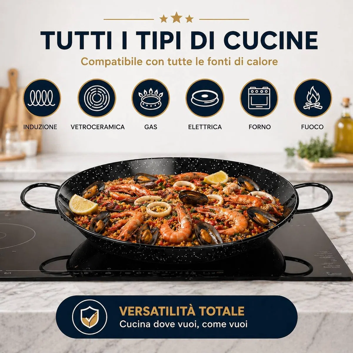 TEHORNEO Padella per Paella, Paellera Induzione 32 cm Acciaio Smaltato 4-5 porzioni, Paellera, Padella Paella, Pentola per Paella, Pentola Paella, Paella