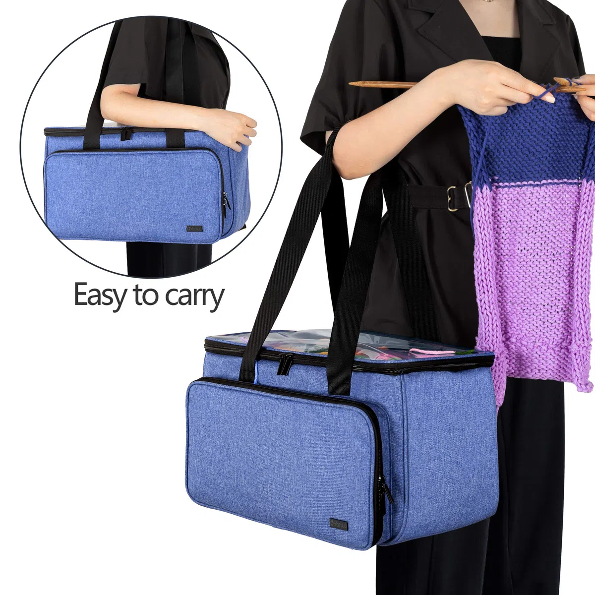 Yarwo Borsa per Lavoro a Maglia e Uncinetto, Borse da Trasporto per Lana Gomitolo e Ferri da Maglia, con Tasca per Progetti Incompiuti, Blu(SOLO BORSA)