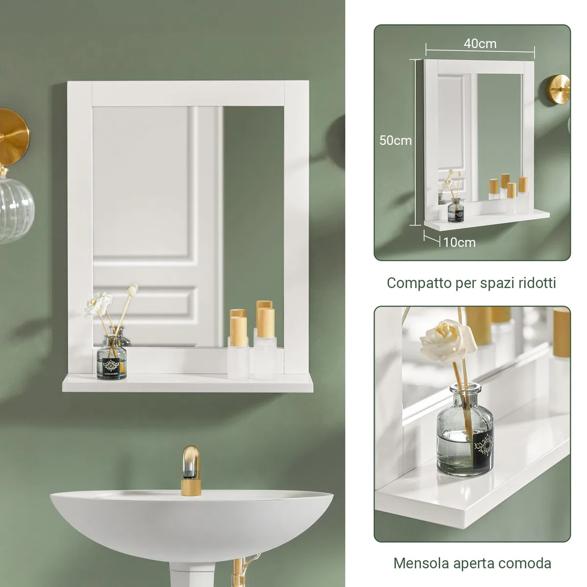 SoBuy Pensile Bagno Sospeso con Specchio Mobiletto Bagno Salvaspazio Armadietto da Parete con Mensola, Specchio Contenitore per Lavatrice, Lavandino, Lavanderia Bianco 40x49x10cm FRG129-W
