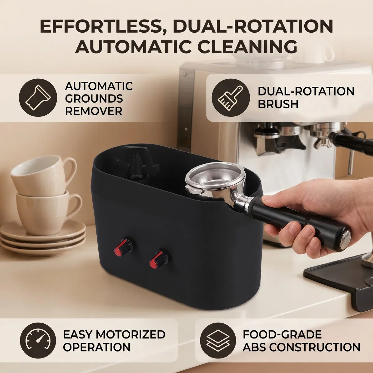 Detergente per Portafiltro Elettrico per caffè, unità di Pulizia per Portafiltro Alimentata in ABS Spazzola a Doppia Rotazione Estrazione di Detriti di caffè Motorizzata