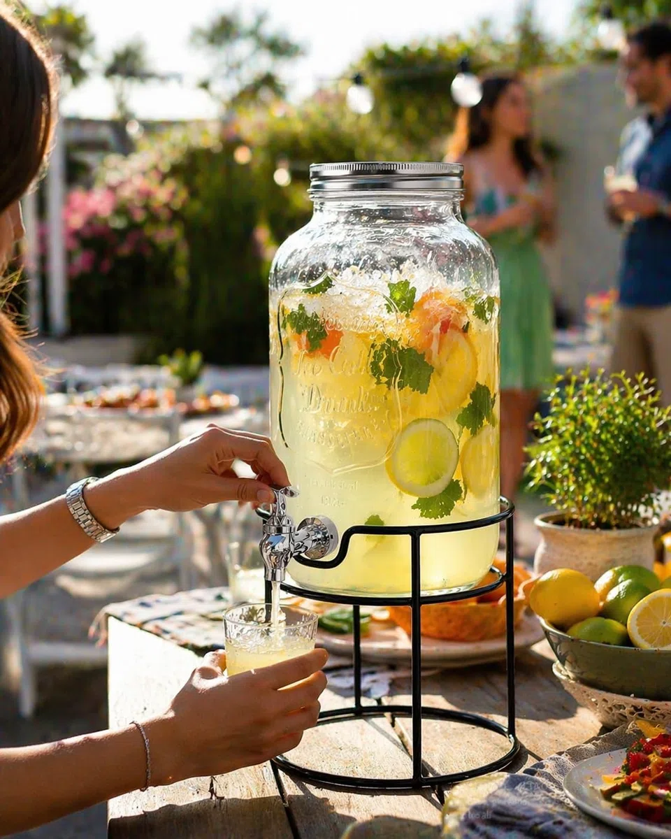 Dispenser Bevande in Vetro 6 Litri con Rubinetto Salvagoccia e Supporto in Metallo – Contenitore per Acqua, Limonata, Cocktail – Giara di vetro per Feste, Buffet, Casa e Giardino