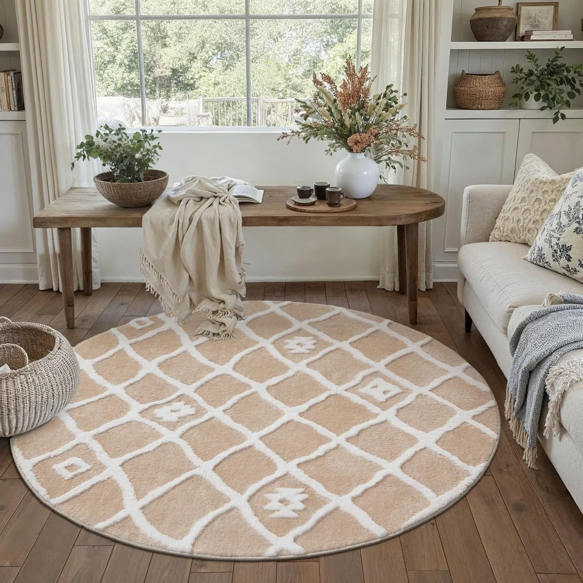 PureCozy Tappeto Rotondo Salotto 120cm Beige Antiscivolo Lavabile Grande Camera da Letto Tappeti 3D Geometrico Moderno Carpet Sala Soggiorno Cameretta Bambino Pelo Corto Rug