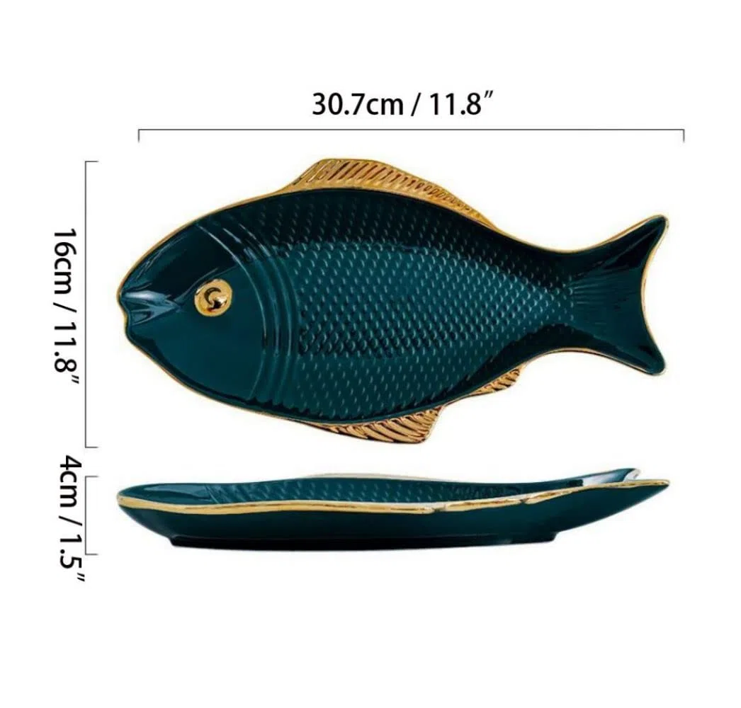 Piatti da insalata a forma di pesce, in ceramica, 30 cm, piatti piani per pasta e dessert, piatti da portata per antipasti, sushi, frutta (verde)