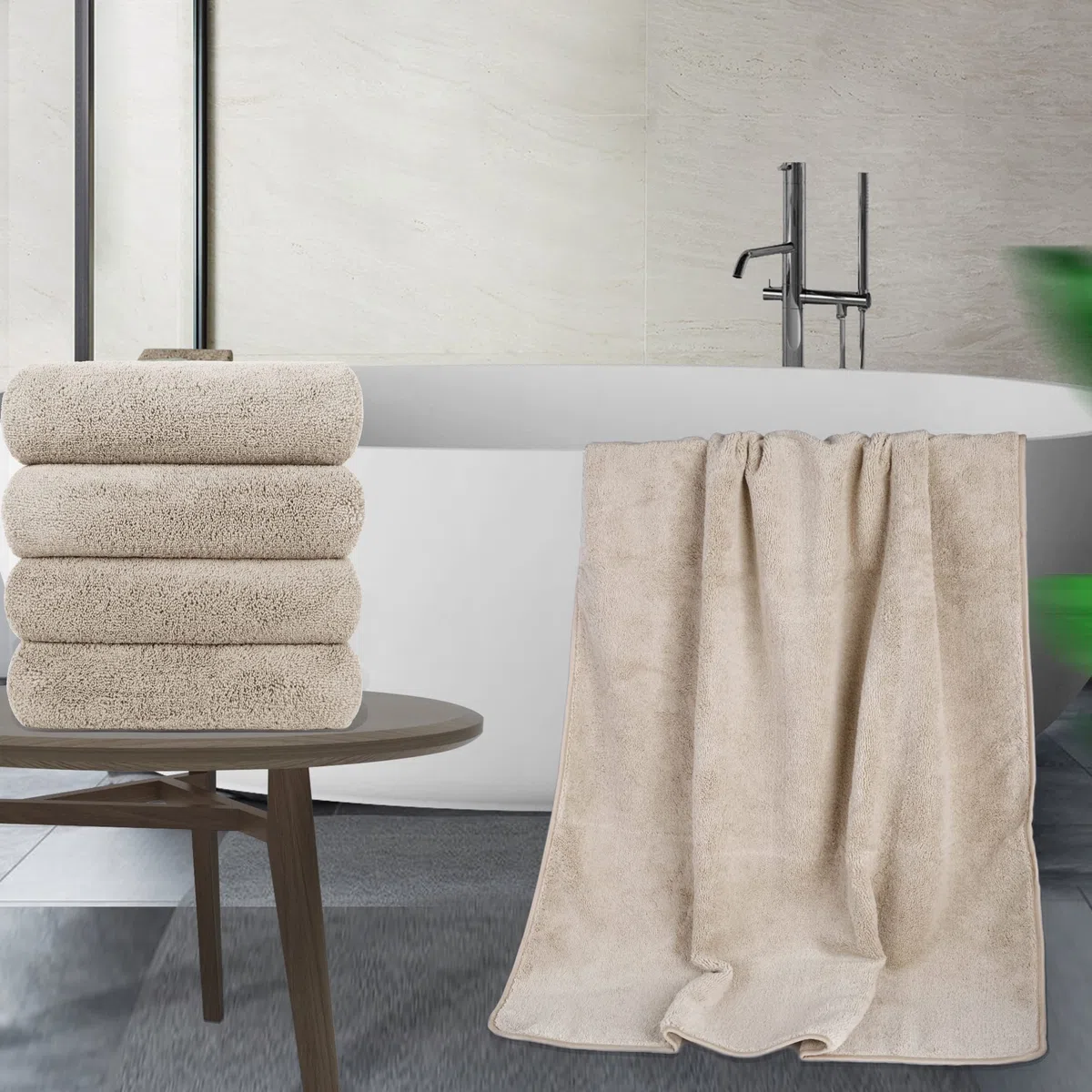 Polyte - asciugamano bagno premium in microfibra anti-pelucchi - ad asciugatura rapida - beige - 145 x 76 cm - set 4 pezzi