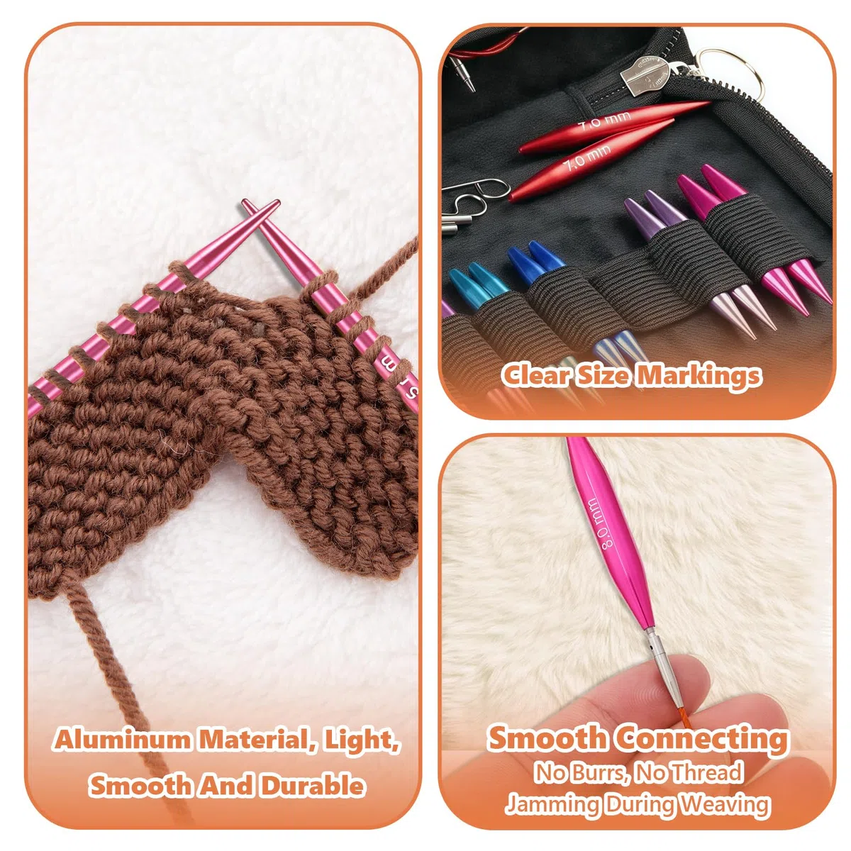 Tiiyee Ferri Circolari Intercambiabili, Set Mini Ferri da Maglia 5 cm Alluminio, 12 Misure 3–8 mm 4 Cavi 15–55 cm con Connettori, Kit per Maglieria Calze Sciarpe Cappelli Progetti Portatili da Viaggio