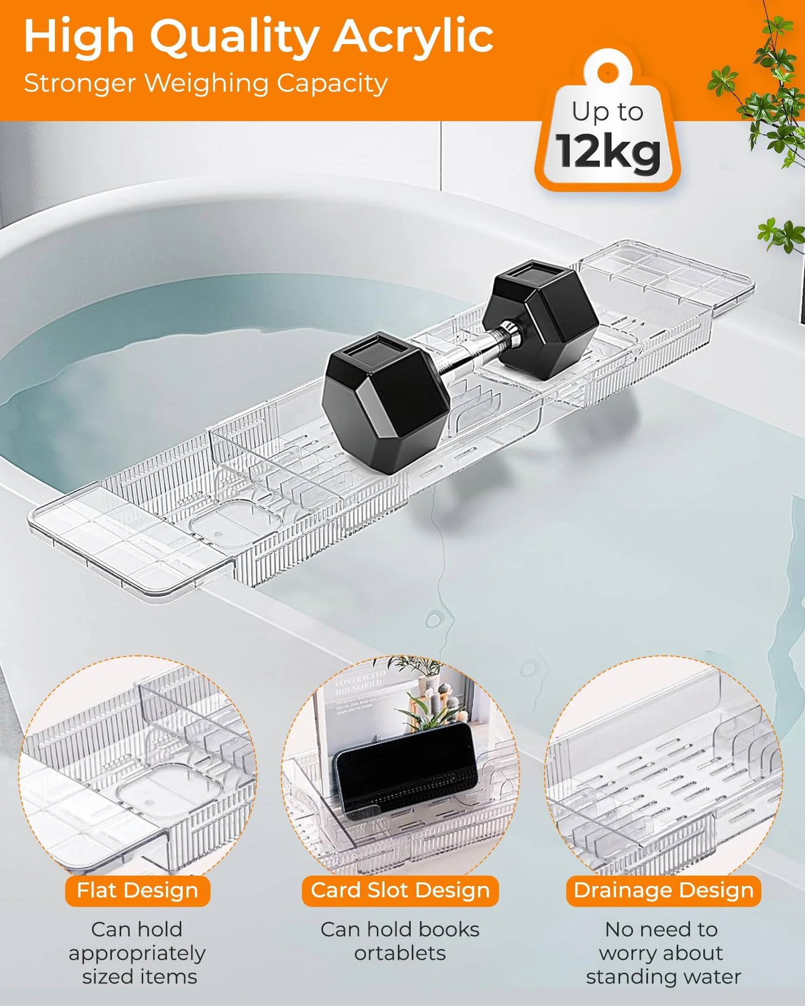 Vassoio Vasca da Bagno in Acrilico, Regolabile per Vassoio da Bagno Portaoggetti, Mensola Vasca da Bagno per Contenere Libro, Ipad, Telefono, Bicchiere, Candela, Accessori Vasca da Bagno Trasparente