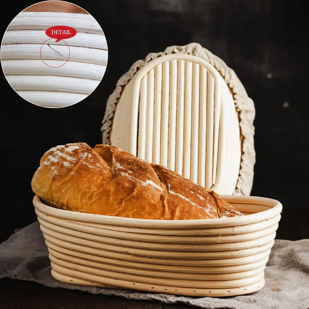 Cestino Ovale da Lievitazione per Pane,2 Pezzi 11 "Cesto in Rattan Naturale,750g di impasto,con Tela di Lino,asta mescolare farina,per impasto di pane,pizza e pasticceria,25x14x8cm