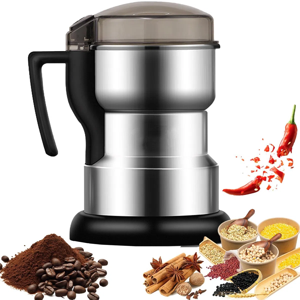 Macinino elettrico per spezie 400 W, acciaio inossidabile, capacità 400 g, portatile e compatto, macinatura ad alta velocità per chicchi di caffè, spezie, erbe aromatiche, noci, cereali e semi