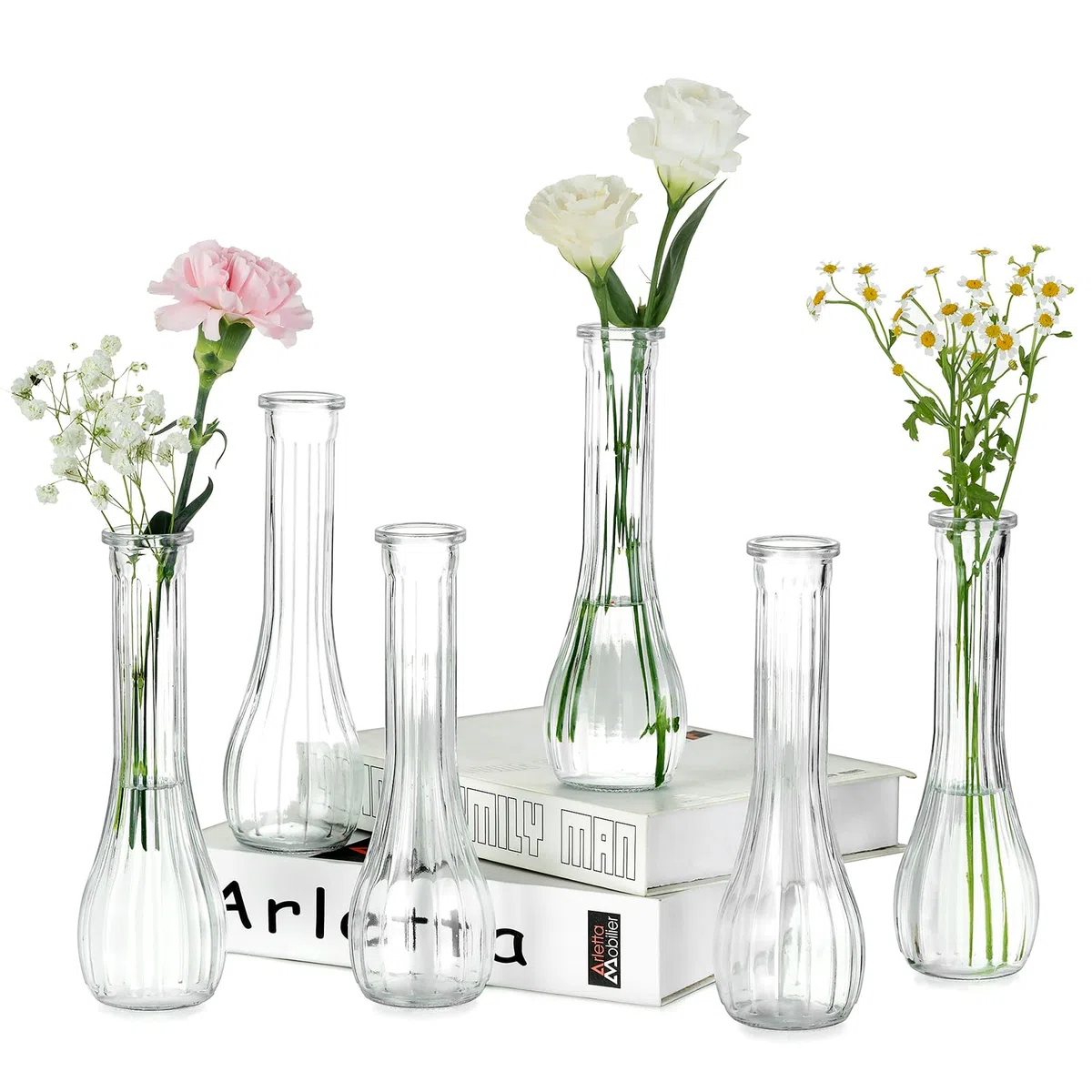 NUPTIO Piccoli Vaso Fiori Vetro: 6 Pezzi 21,7cm Vasi Trasparenti Centrotavola per Decorazioni Matrimonio - Vaso Decorativo da Interno Striato per Casa Festa Soggiorno