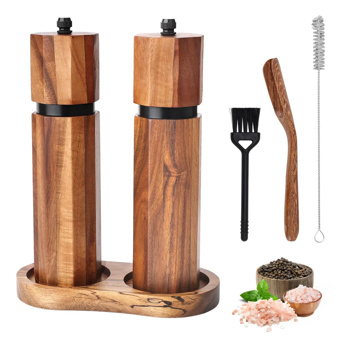 Set in Legno Macina Sale e Pepe​ con Vassoio, Macinapepe Manuale​ da 20 cm Regolabile, Nucleo in Ceramica, Design Ottagonale