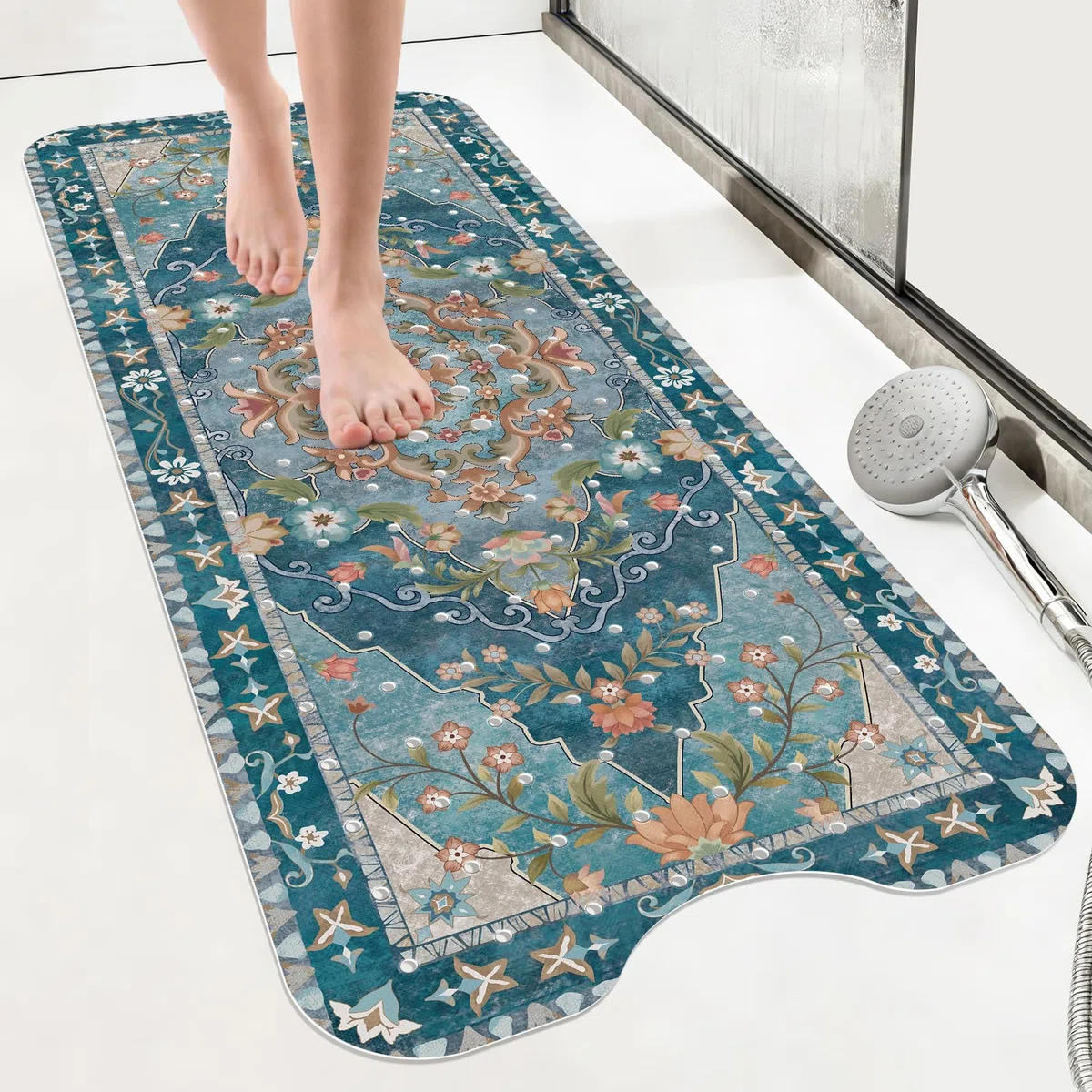 SHUCHING Tappetino Vasca Antiscivolo, Tappetino Doccia Antiscivolo Lungo 100x40cm, Tappeto Vasca da Bagno Antimuffa e Lavabile in Lavatrice, Floreale Vintage Blu