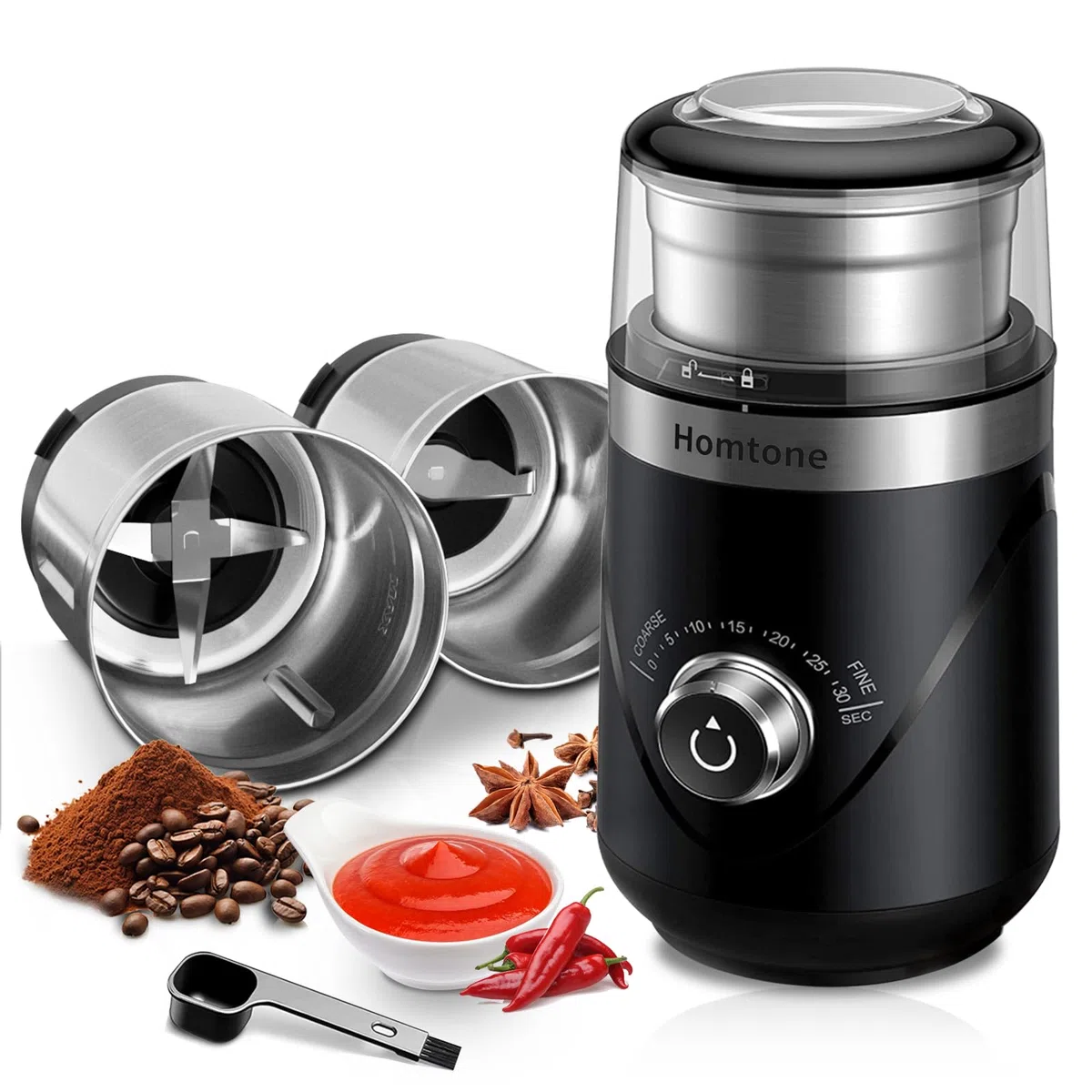 Homtone Macinacaffè Elettrico con Timer, Macinacaffè a Grana Regolabile con Due Contenitori Rimovibili in Acciaio Inox da 70g, Macinacaffè Silenzioso 63 dB, Ideale anche per Spezie