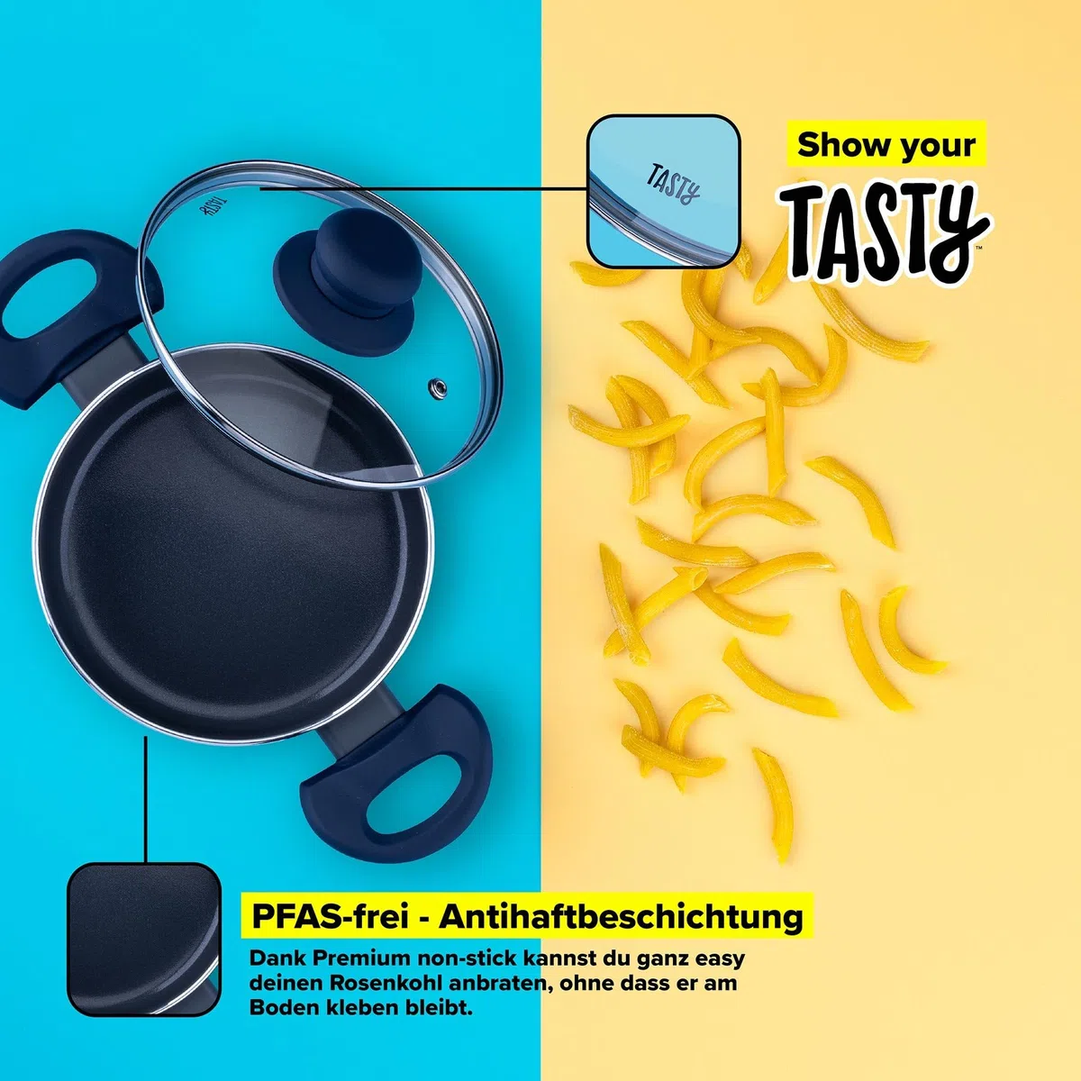 Tasty Pentola antiaderente Ocean Blue – Ø 16 cm con coperchio in vetro – alluminio riciclato, impugnatura soft touch, rivestimento antiaderente in ceramica, per tutti i piani cottura, incl. induzione