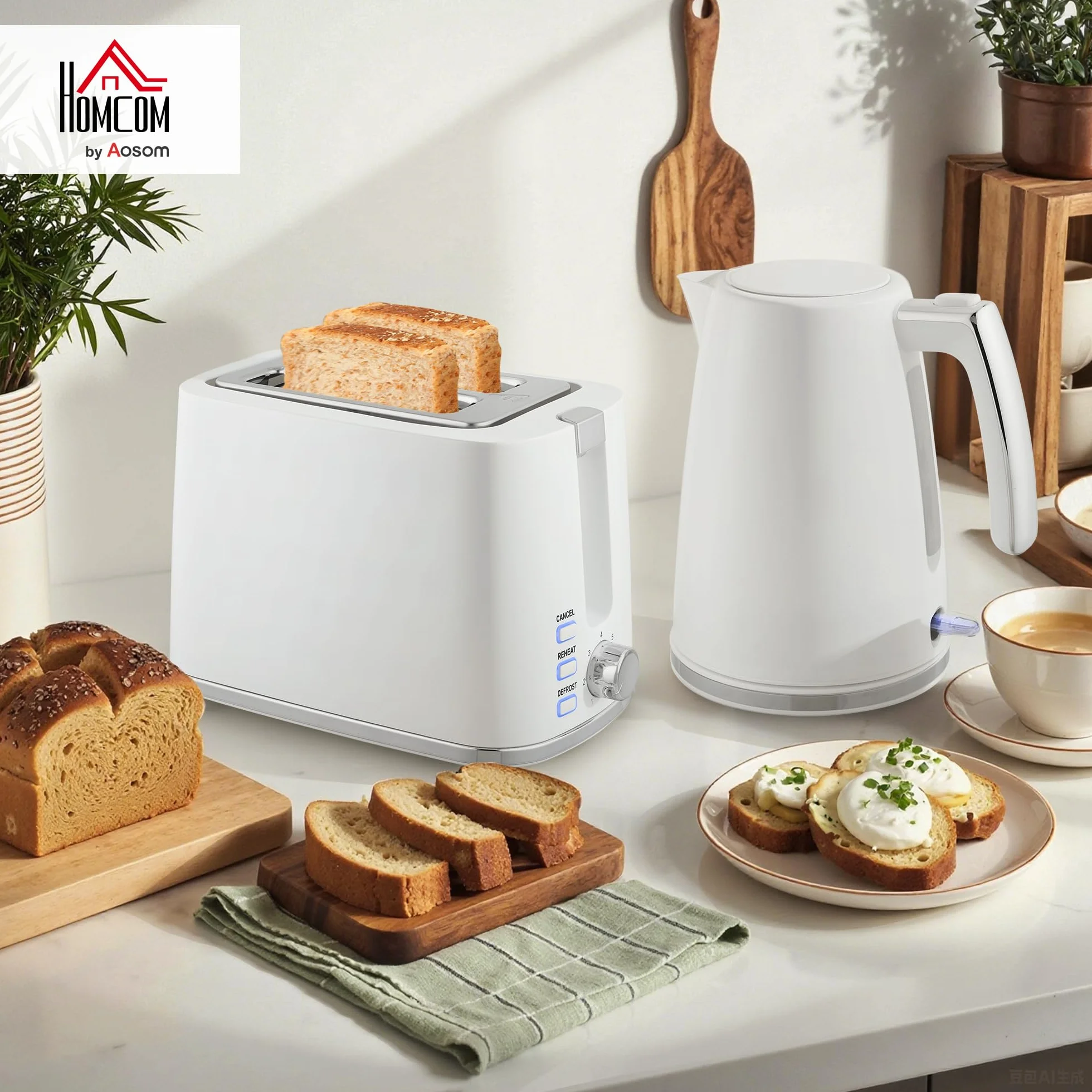 HOMCOM Set Colazione Tostapane a Fessura Larga a 2 Fette con 7 Livelli di Doratura e Vassoio Raccoglibriciole, Bollitore Elettrico da 1.7L 2200W con Termostato Otter e Filtro Anticalcare, Bianco