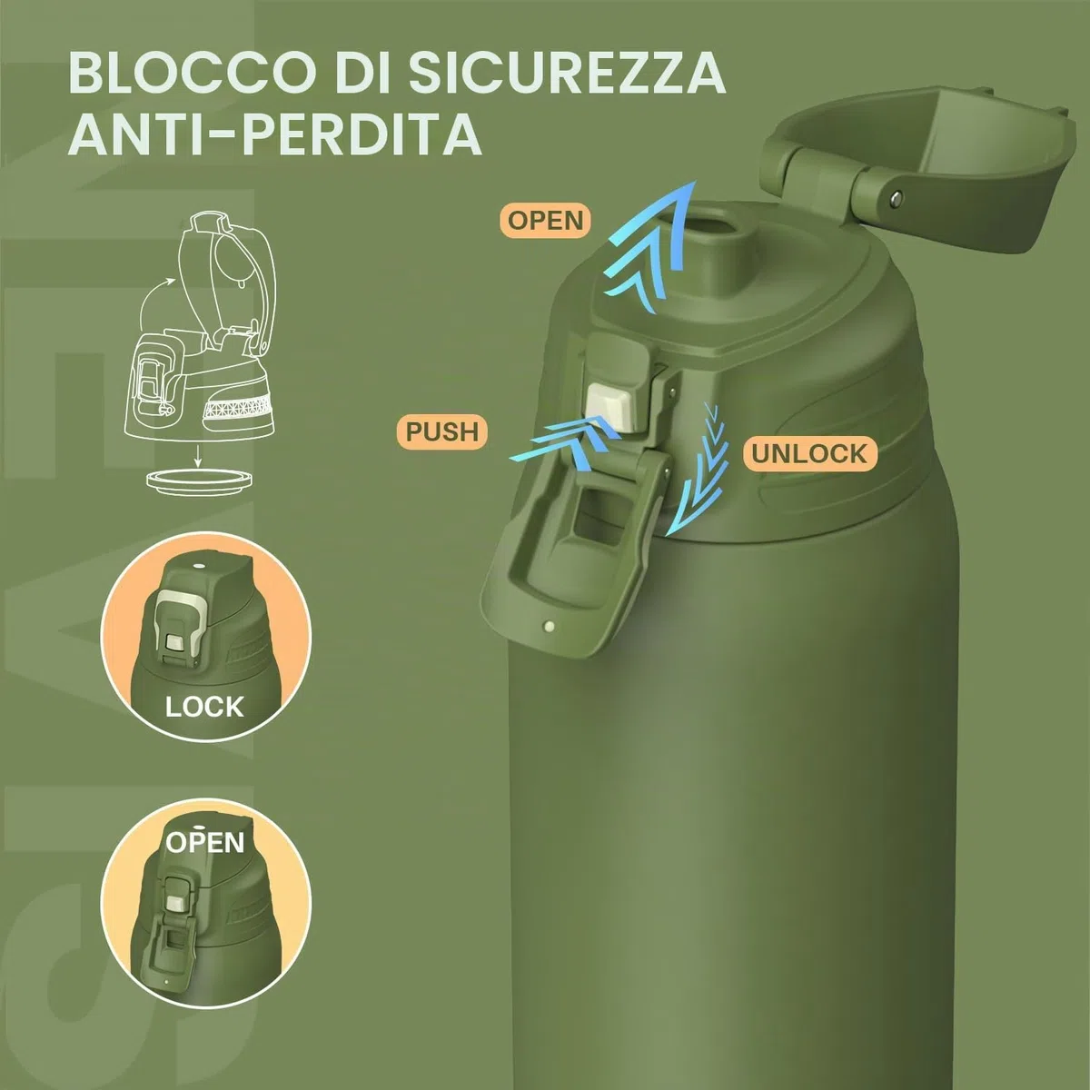 Santeco, borraccia con blocco di sicurezza anti-perdita, thermos in acciaio inossidabile da 1,5 l, senza BPA, con borsa da trasporto, bottiglia termica per acqua, adatta per il lavaggio in