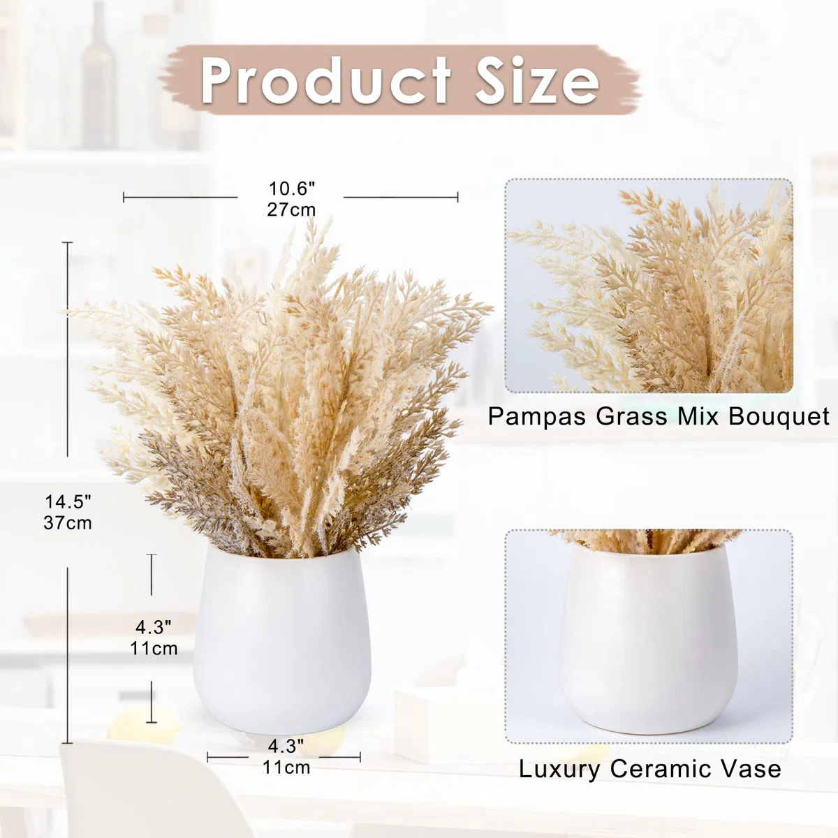 Pampas artificiale con vaso incluso, bouquet di fiori artificiali, soffici piume finte di flora per la casa, decorazioni boho per tavoli da matrimonio, pampas essiccata beige