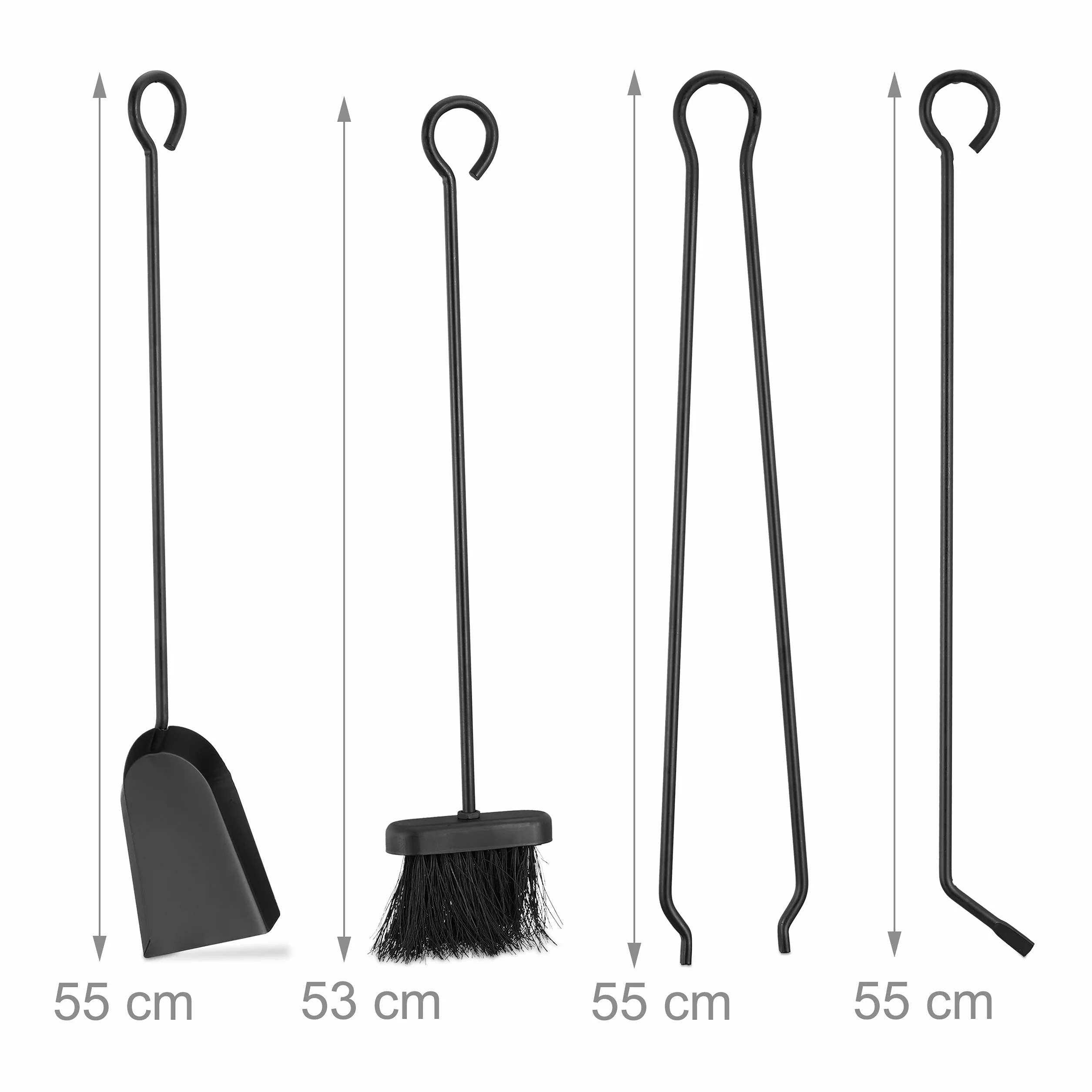 Relaxdays Set Camino Completo, 5 Accessori, Paletta, Scopetta, Attizzatoio, Pinza e Trespolo, Acciaio, Moderno, Nero