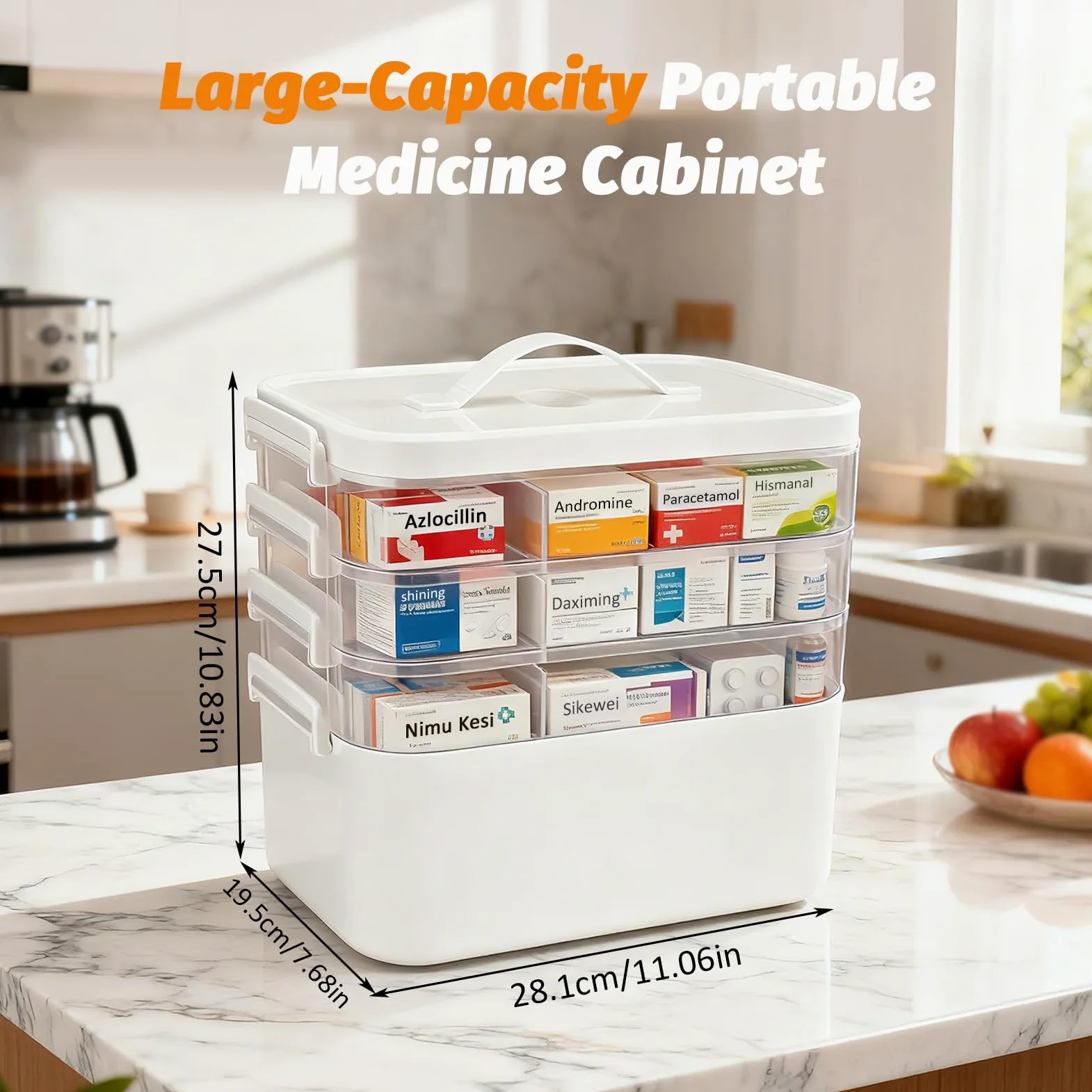 Contenitore per medicinali, Scatola Organizer per Medicinali 4 Livelli, scatola per farmacia domestica con maniglia per il trasporto, organizer per medicinali multifunzionale per casa, 28*19*27cm