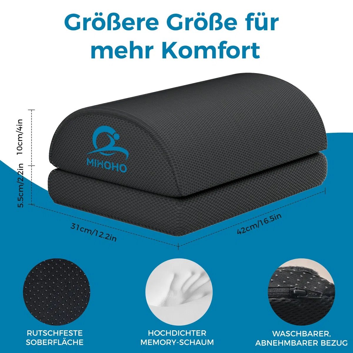 Poggiapiedi Scrivania sotto la scrivania al lavoro, poggiapiedi in memory foam regolabile in altezza con rivestimento lavabile - comodo poggiapiedi ergonomico (nero)